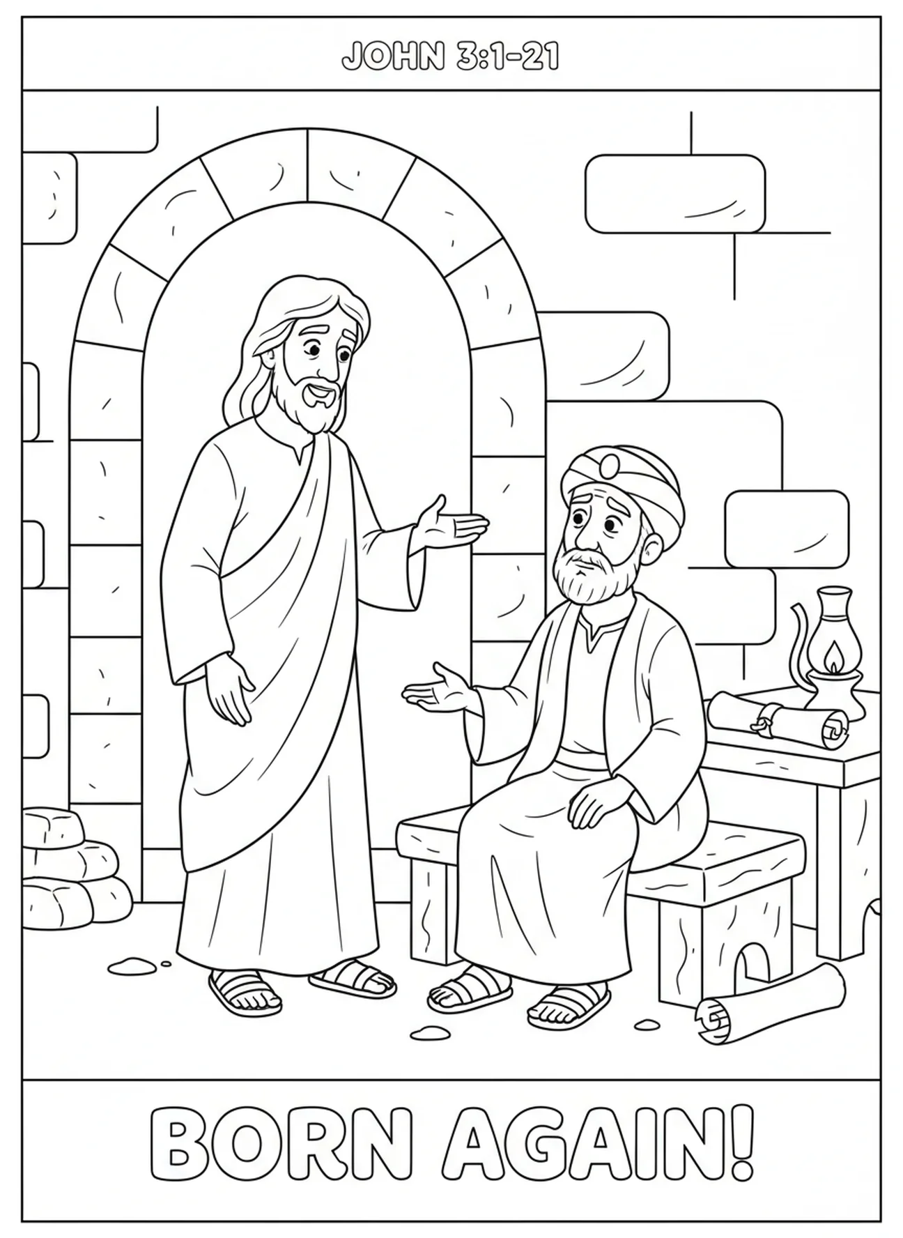 Jesús explicando el nuevo nacimiento, página para colorear de Juan 3:16 para niños de Escuela Dominical de 5 a 12 años.