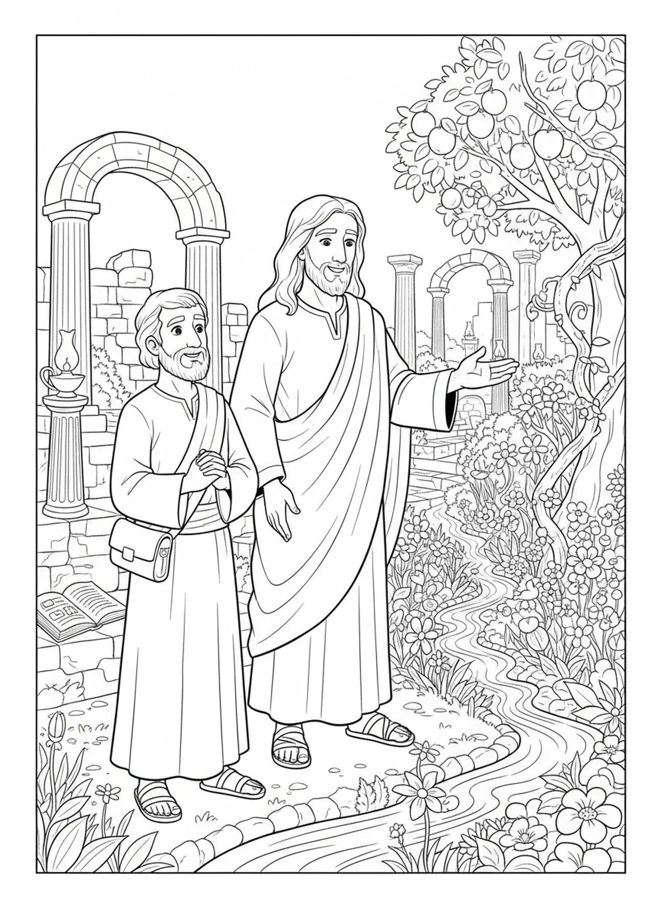Jesús señalando hacia un jardín, página para colorear de Juan 3:16 para niños de Escuela Dominical de 5 a 12 años.