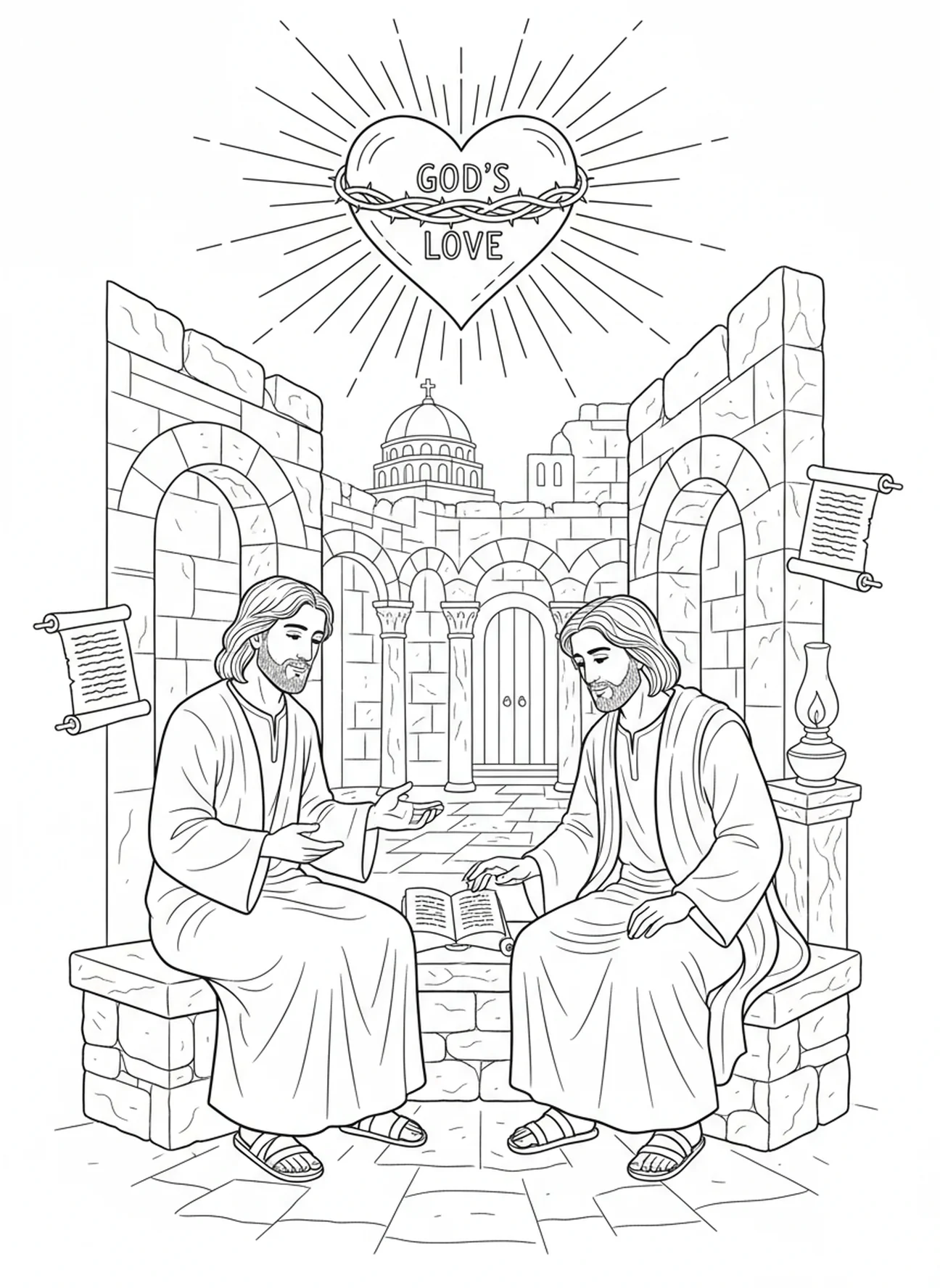 Corazón que simboliza el amor de Dios, página para colorear de Juan 3:16 para niños de Escuela Dominical de 5 a 12 años.