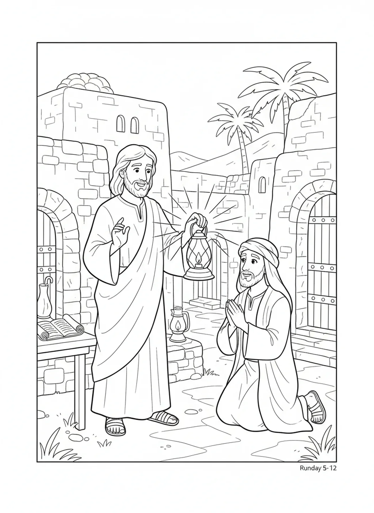 Jesús sosteniendo una lámpara brillante, página para colorear de Juan 3:16 para niños de Escuela Dominical de 5 a 12 años.