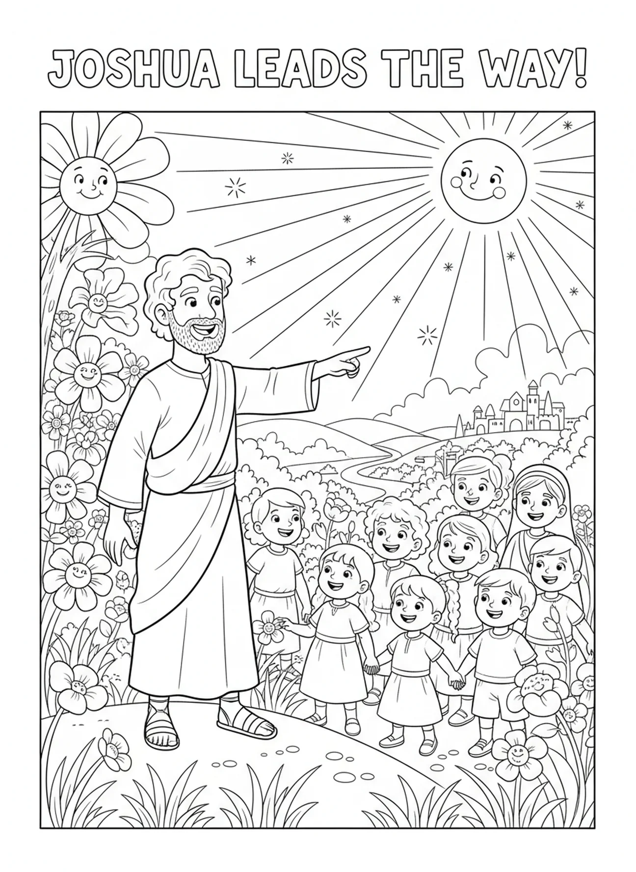 Josué encorajando o povo, página de colorir Josué 1:9 para crianças de 5 a 10 anos