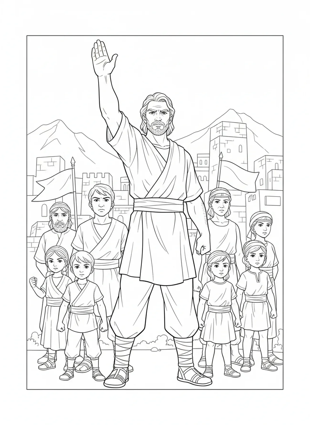 Josué levantando a mão, página para colorir Josué 1:9 para crianças de 5 a 10 anos