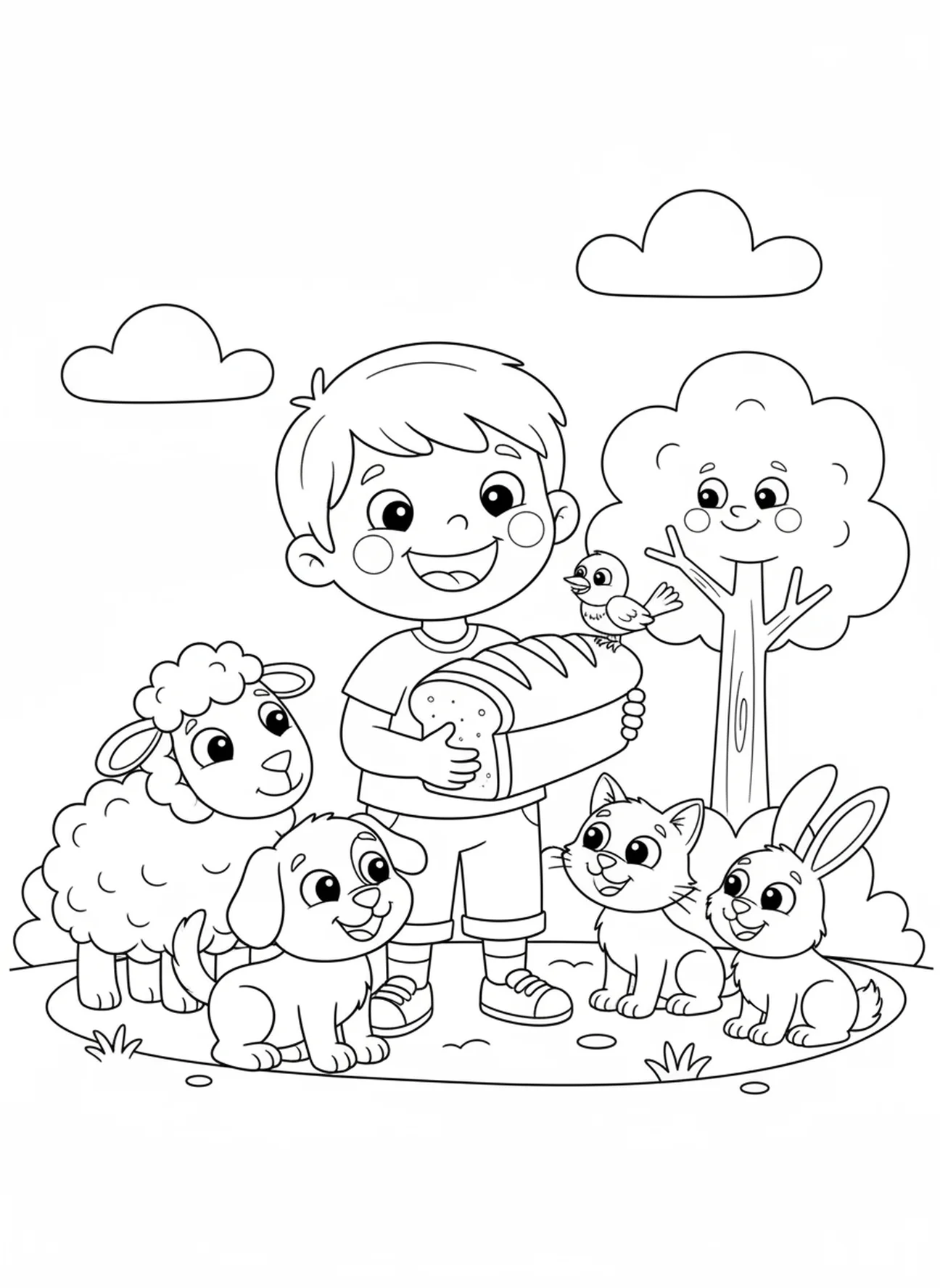 Kind teilt Brot mit Tieren, Vaterunser Vers Malvorlage für Kinder im Alter von 5-10 Jahren