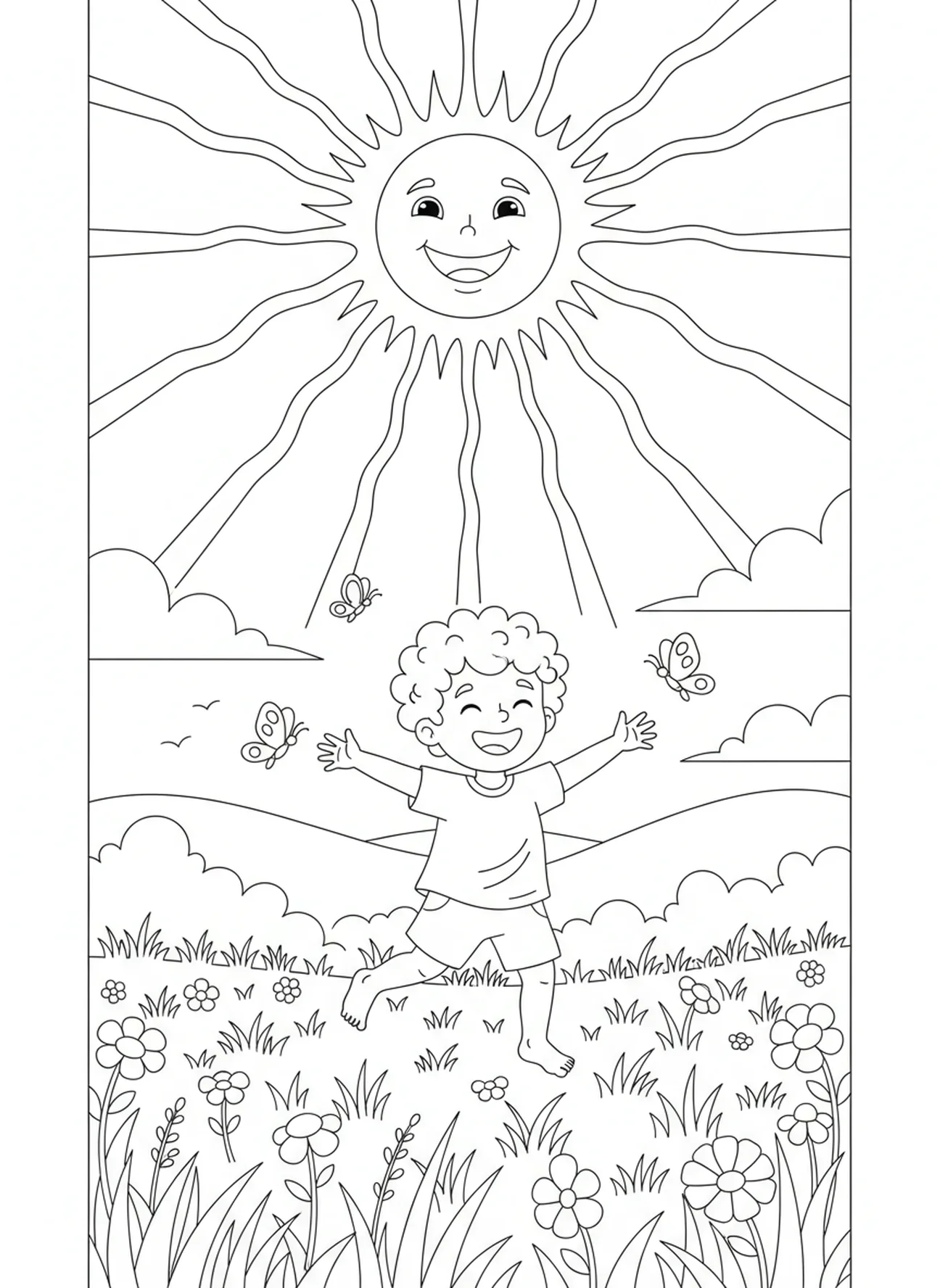 Lächelnde Sonne, die auf ein Kind scheint, Ausmalbild mit dem Vaterunser für Kinder im Alter von 5-10 Jahren