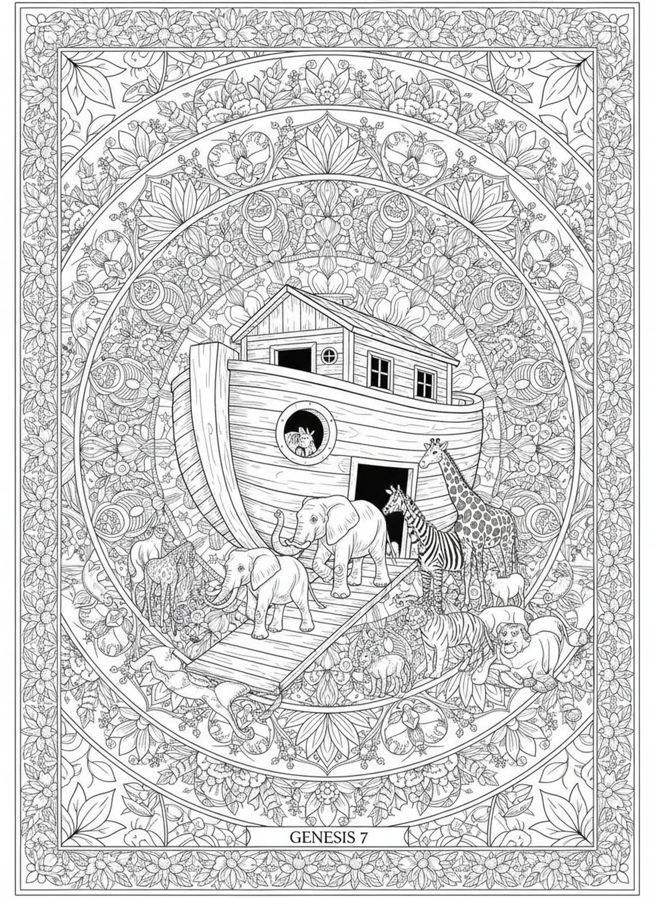 Pair of elephants approaching the ark, Philippians 4 13 coloring page for adults Bible journaling style.