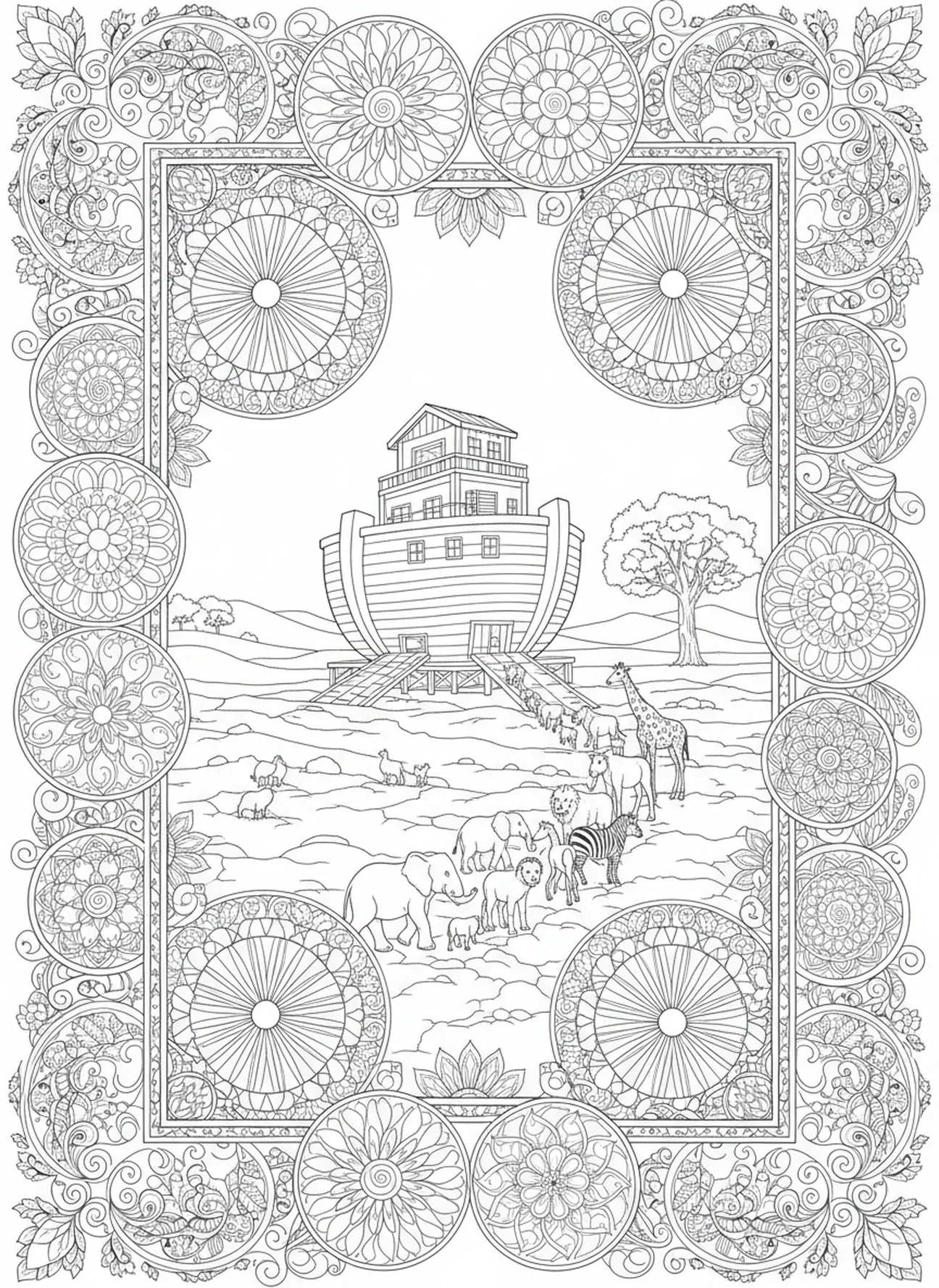 Animals joyfully leaving the ark, Philippians 4 13 coloring page for adults Bible journaling style.