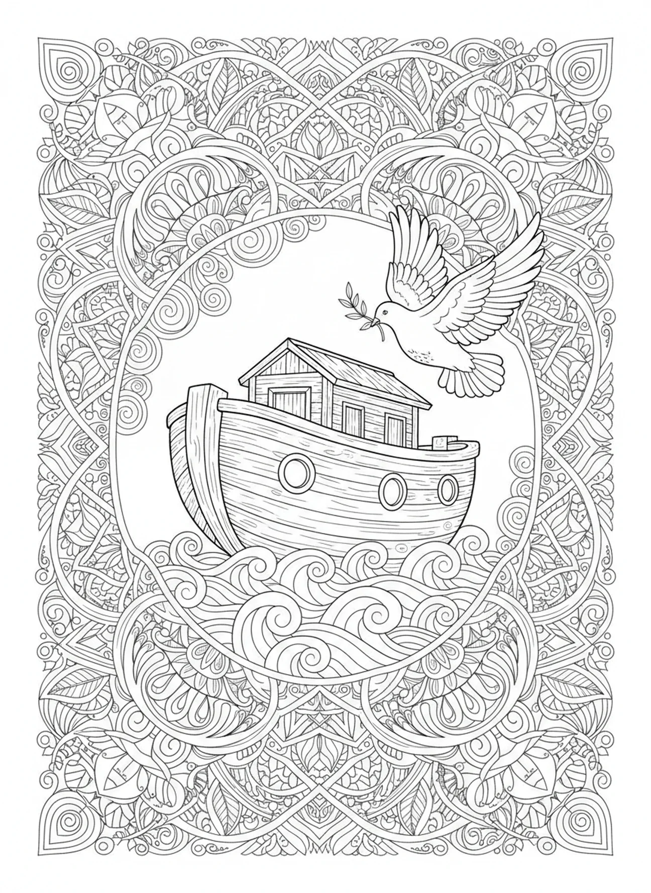 Dove with olive branch approaching the ark, Philippians 4 13 coloring page for adults Bible journaling style.
