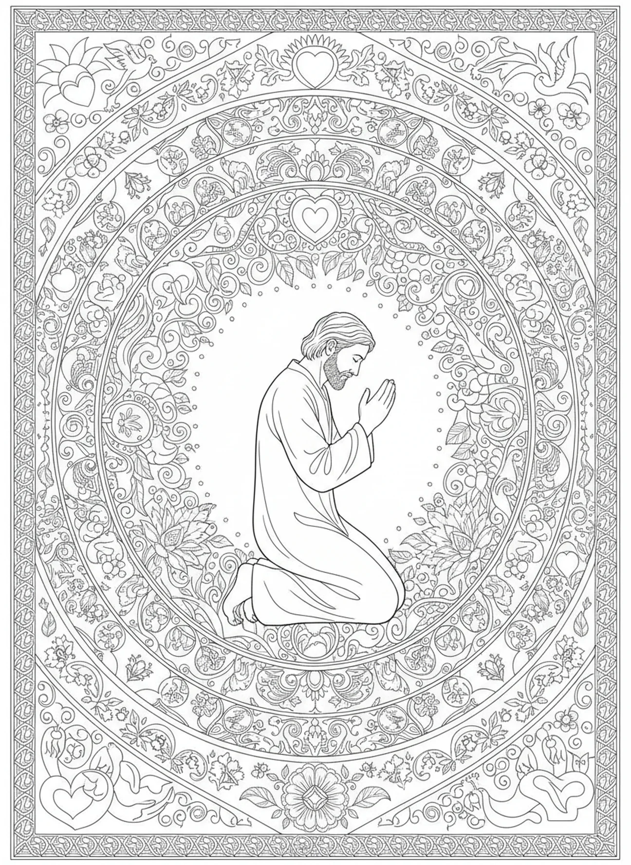 Noah in prayer, Philippians 4 13 coloring page for adults Bible journaling style.