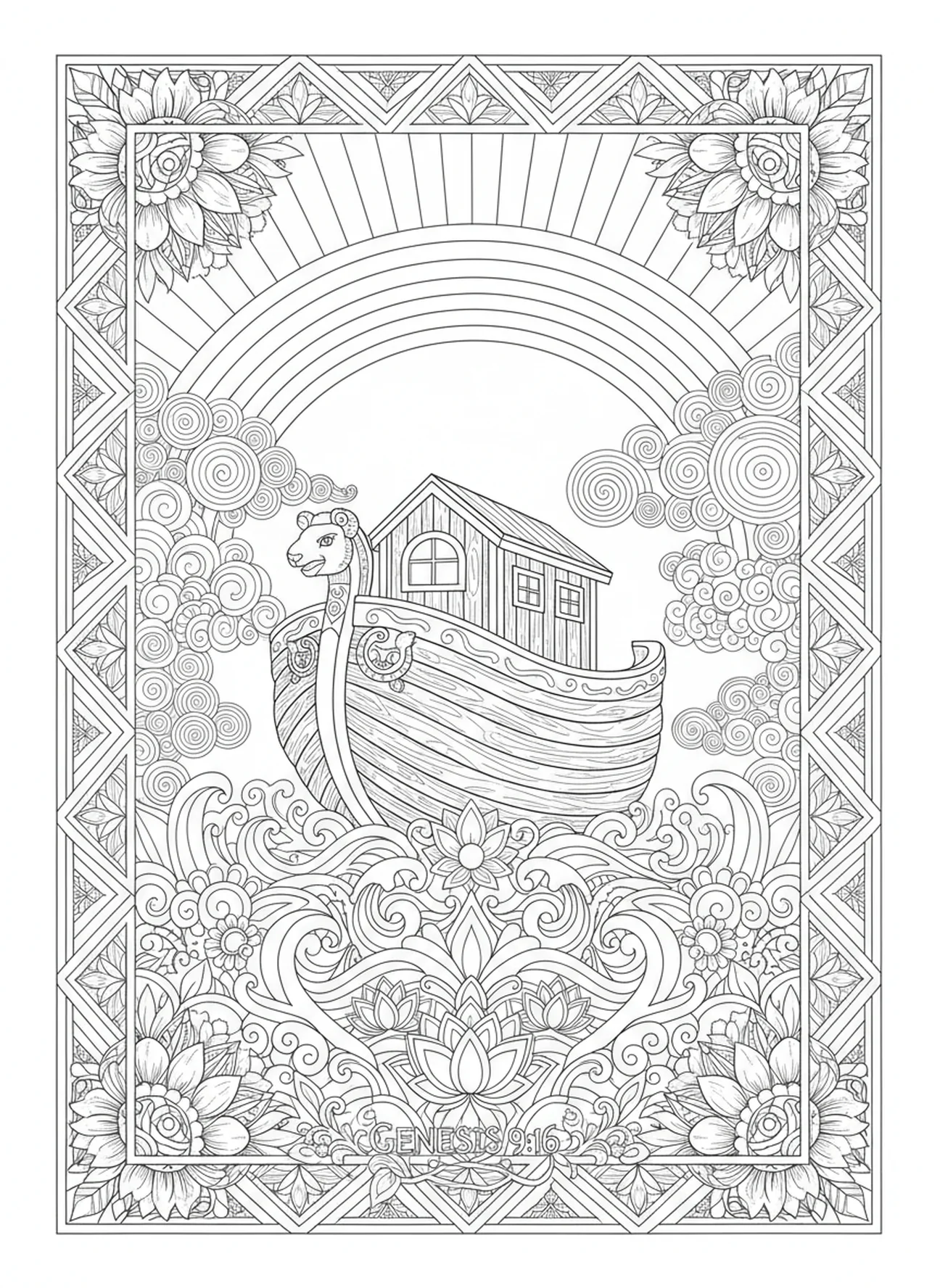 Ark beneath a rainbow, Philippians 4 13 coloring page for adults Bible journaling style.