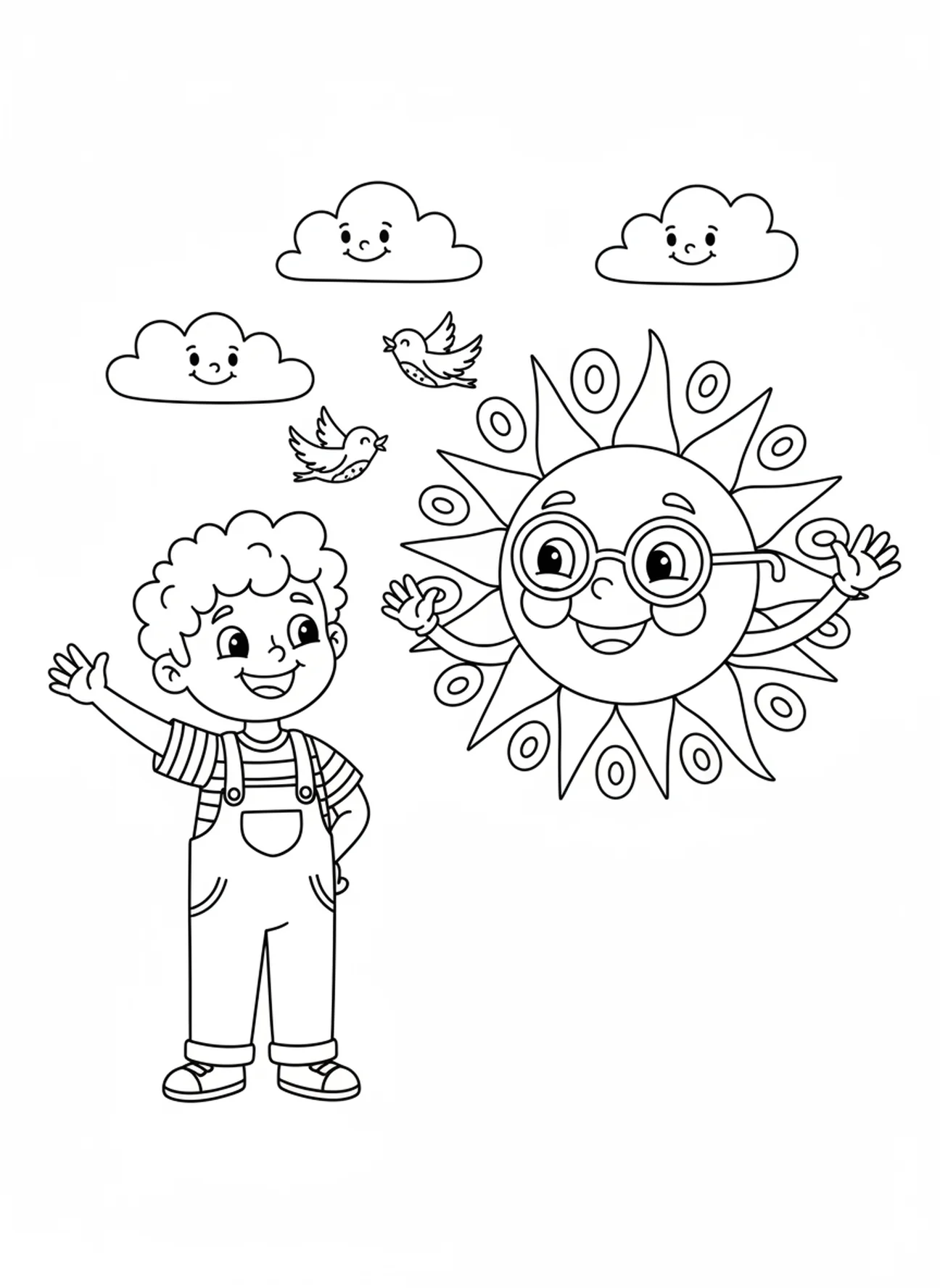 Child greeting a smiling sun, Proverbs 3 5 6 coloring page for kids age 5-10.