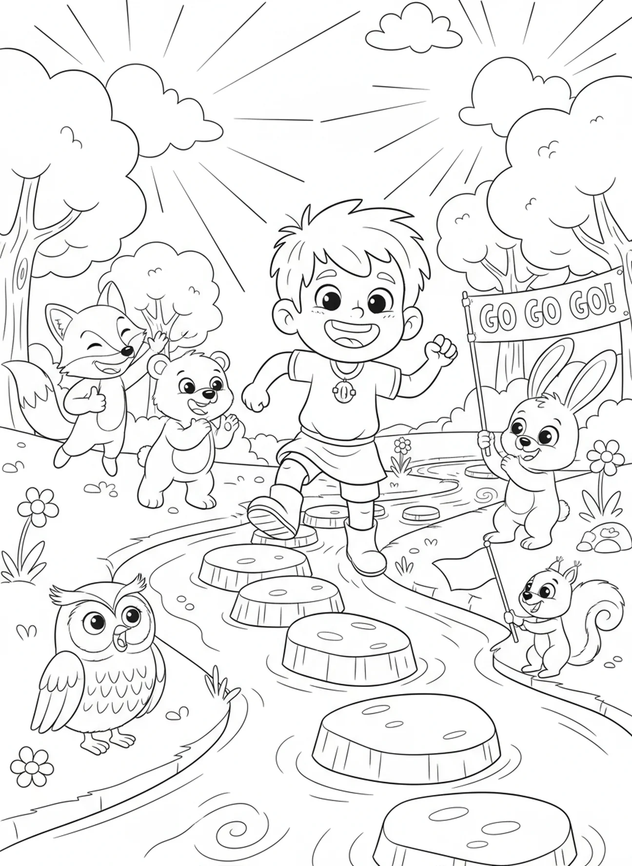 Child stepping on stones with animals, Proverbs 3 5 6 coloring page for kids age 5-10.