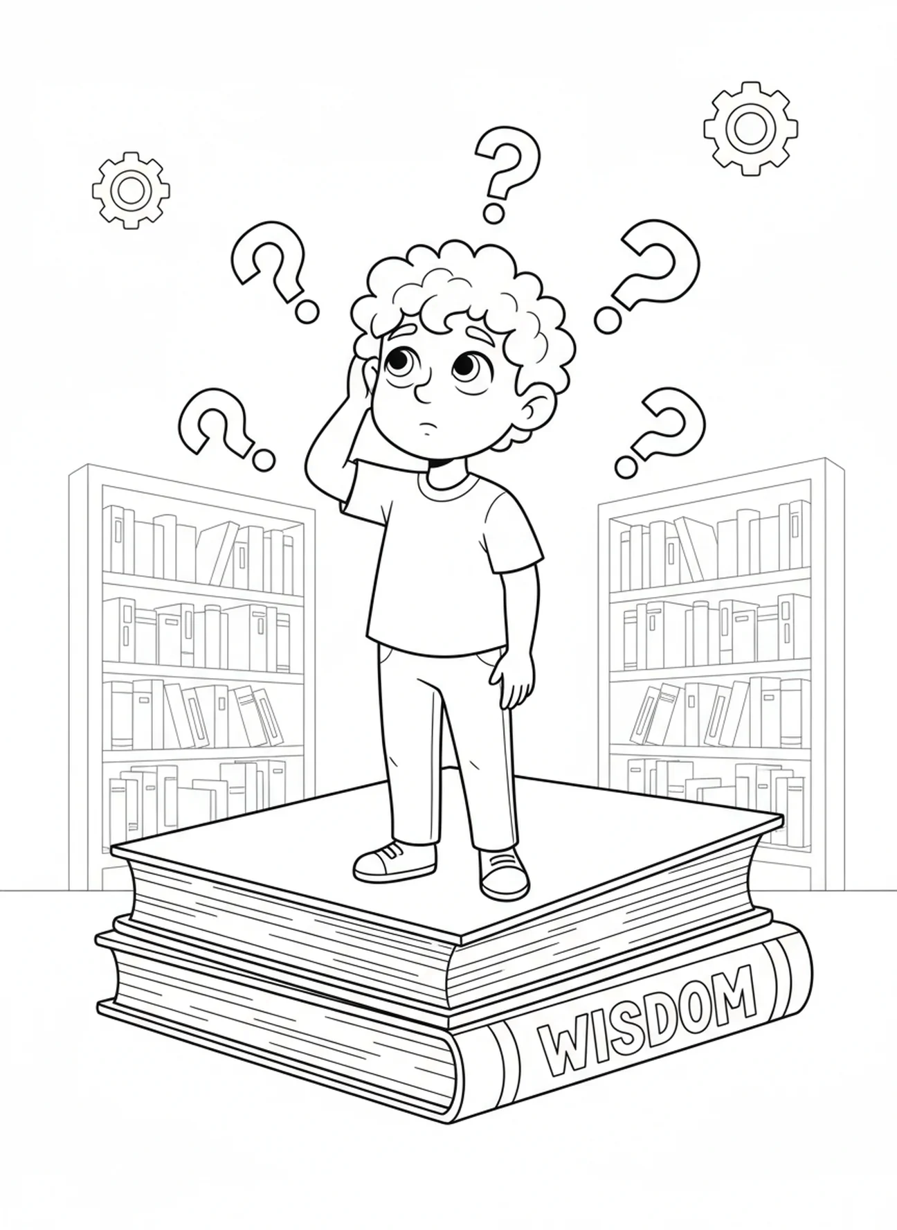 Thoughtful child on a wisdom book, Proverbs 3 5 6 coloring page for kids age 5-10.