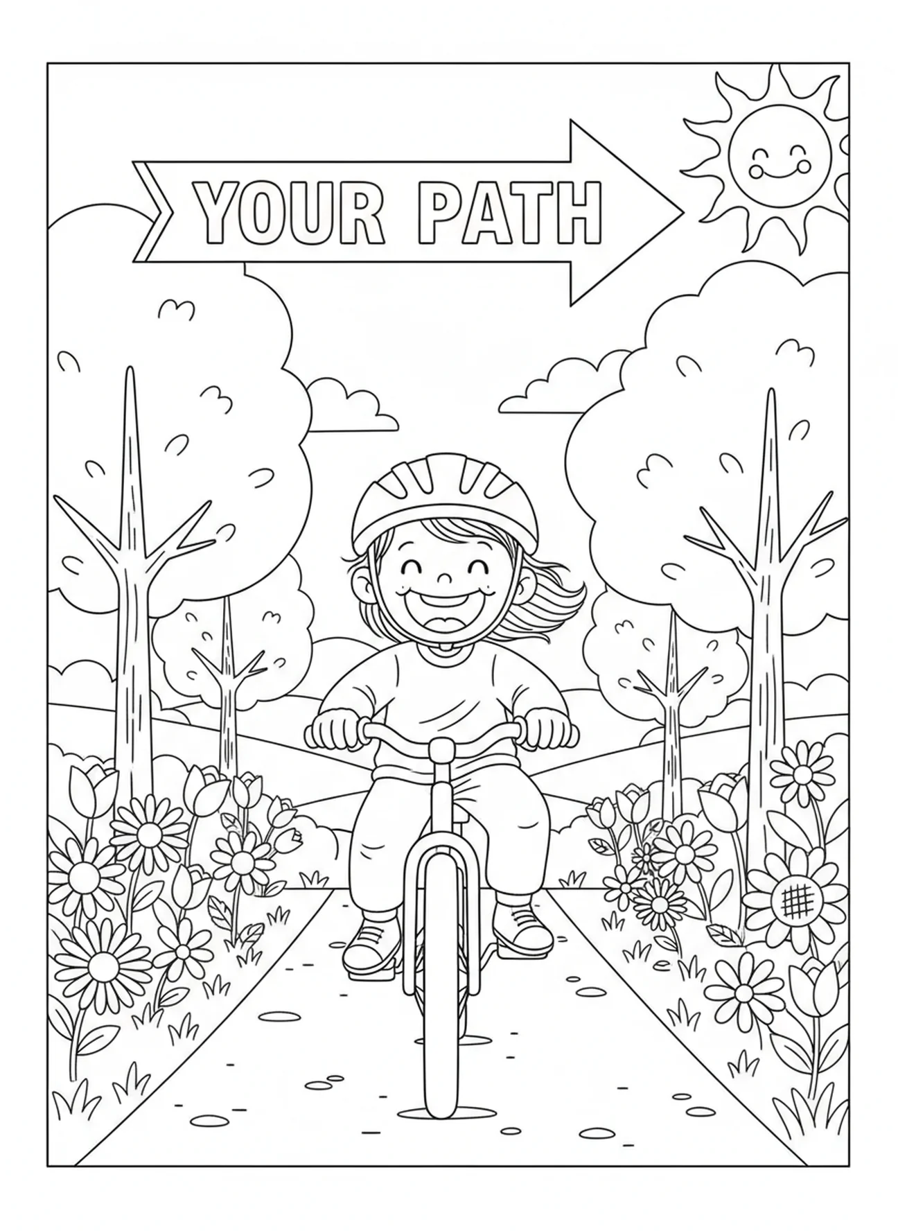 Child riding a bicycle on a path, Proverbs 3 5 6 coloring page for kids age 5-10.