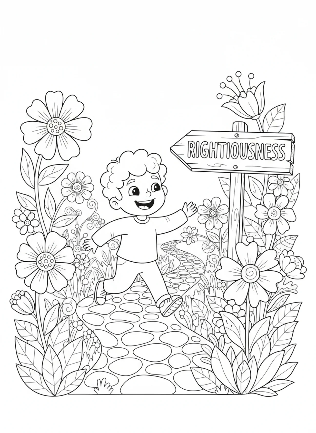 Child walking on a path, Proverbs 3 5 6 coloring page for kids age 5-10.