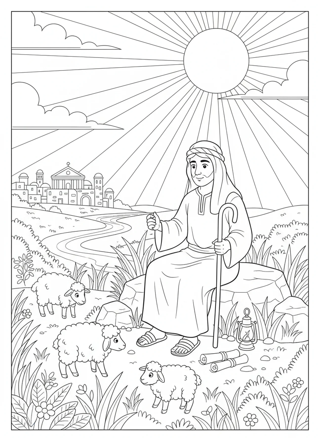 Berger se reposant dans des pâturages verts, page à colorier Psaume 23 pour les enfants de l'École du dimanche âgés de 5 à 12 ans.