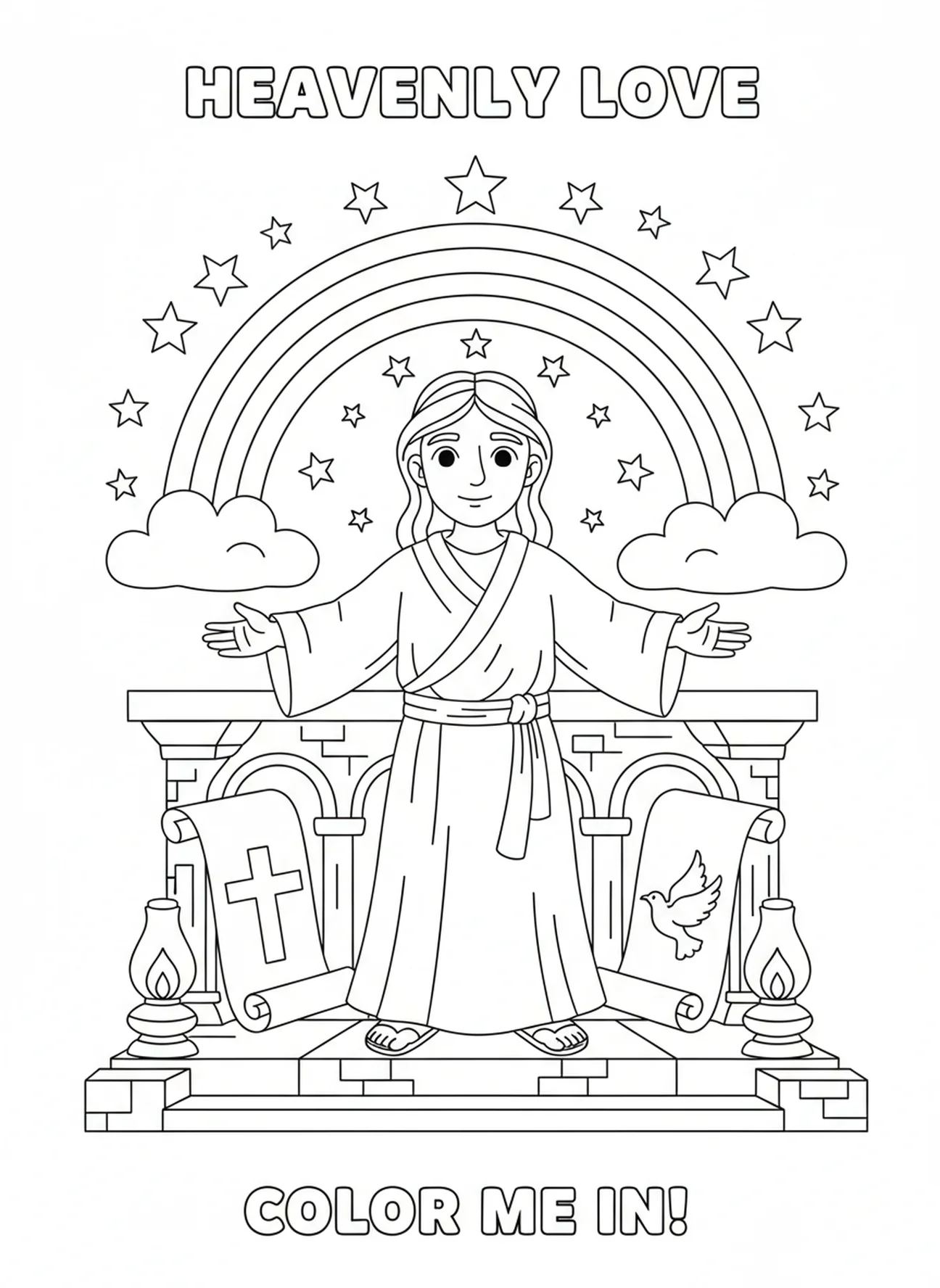 Berger céleste les bras ouverts, page à colorier Psaume 23 pour les enfants de l'École du dimanche âgés de 5 à 12 ans.
