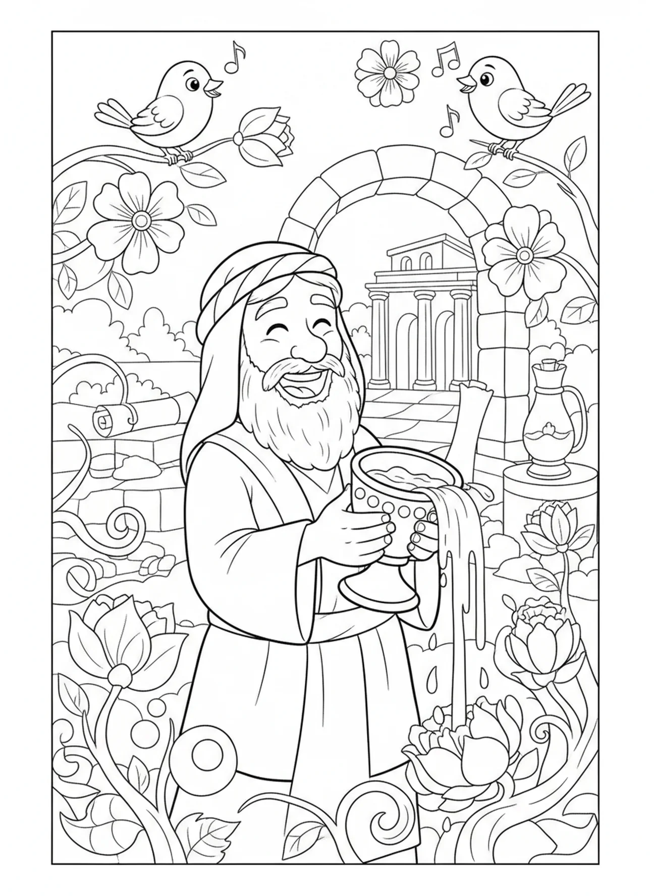 Pasteur avec une coupe débordante, page à colorier Psaume 23 pour les enfants de l'École du dimanche âgés de 5 à 12 ans.