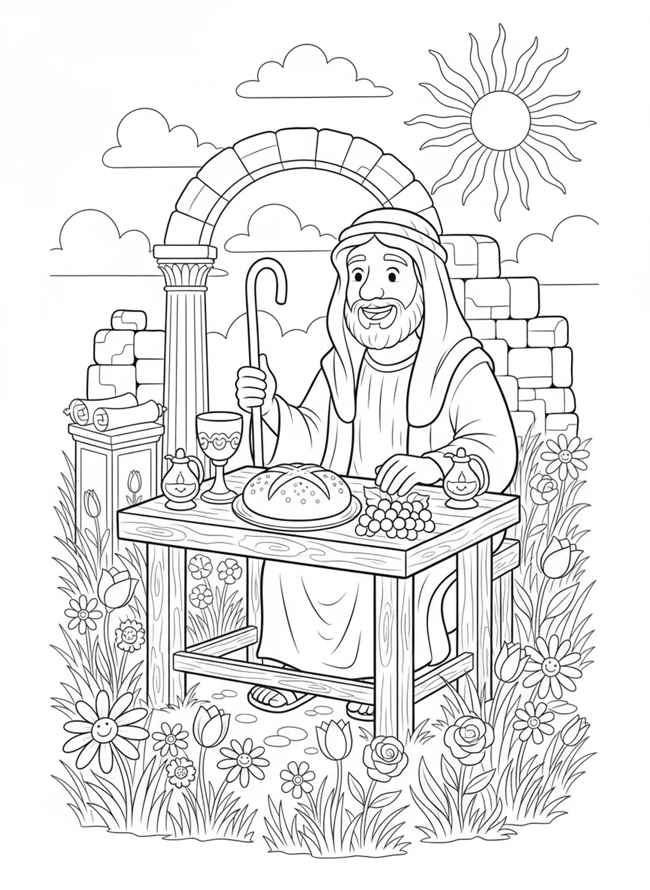 Table avec du pain et du vin, page à colorier Psaume 23 pour les enfants de l'École du dimanche âgés de 5 à 12 ans.