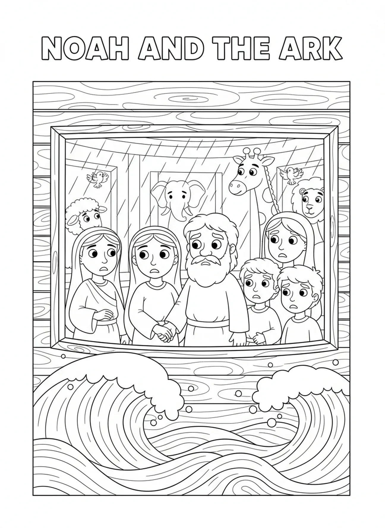 Noahs Familie in der Arche, Psalm 46,10 Malvorlage für Kinder im Alter von 5-10 Jahren