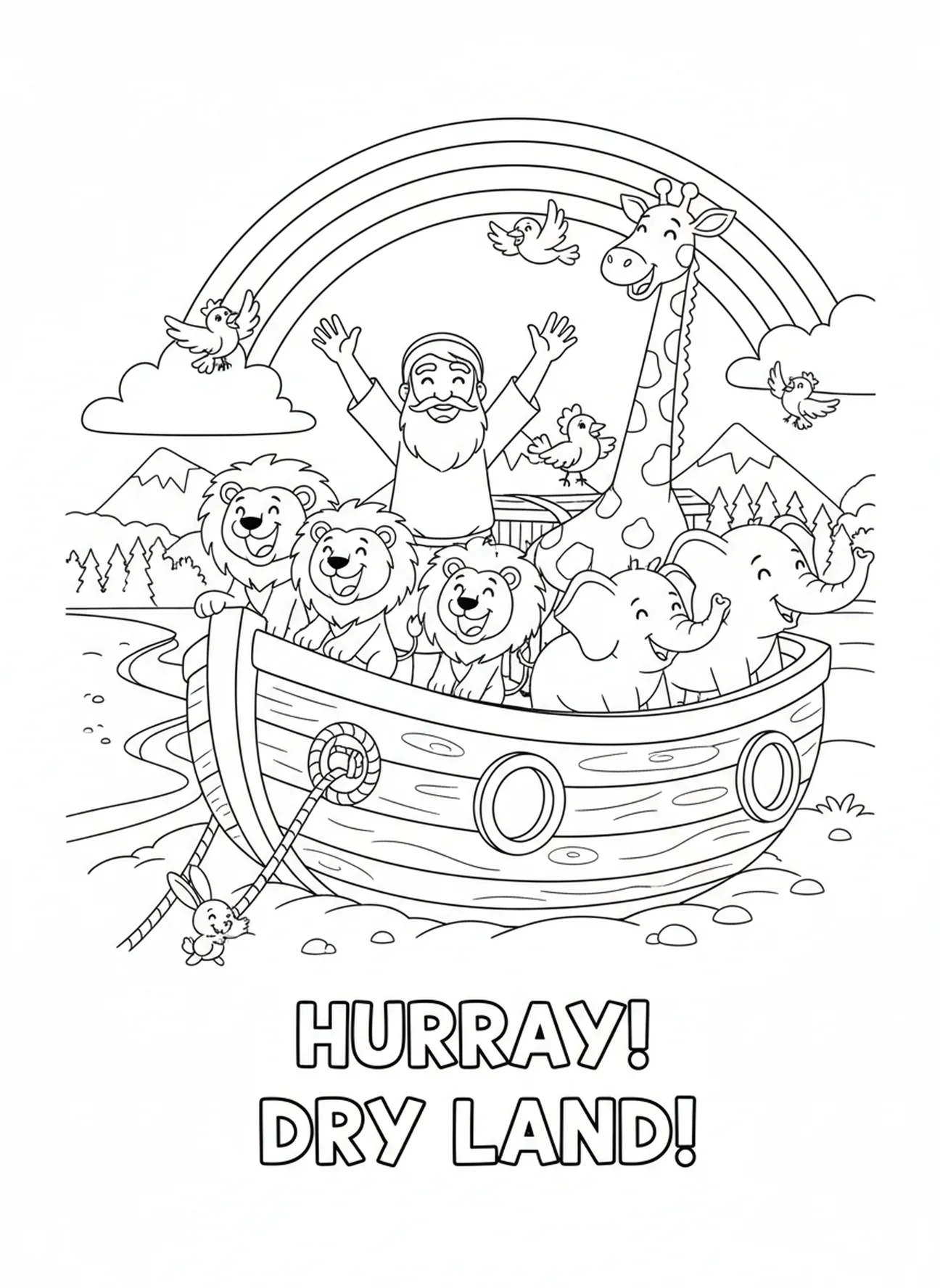 Noach viert de landing met dieren, Adventskalender kleurplaat voor kinderen van 5-10 jaar.