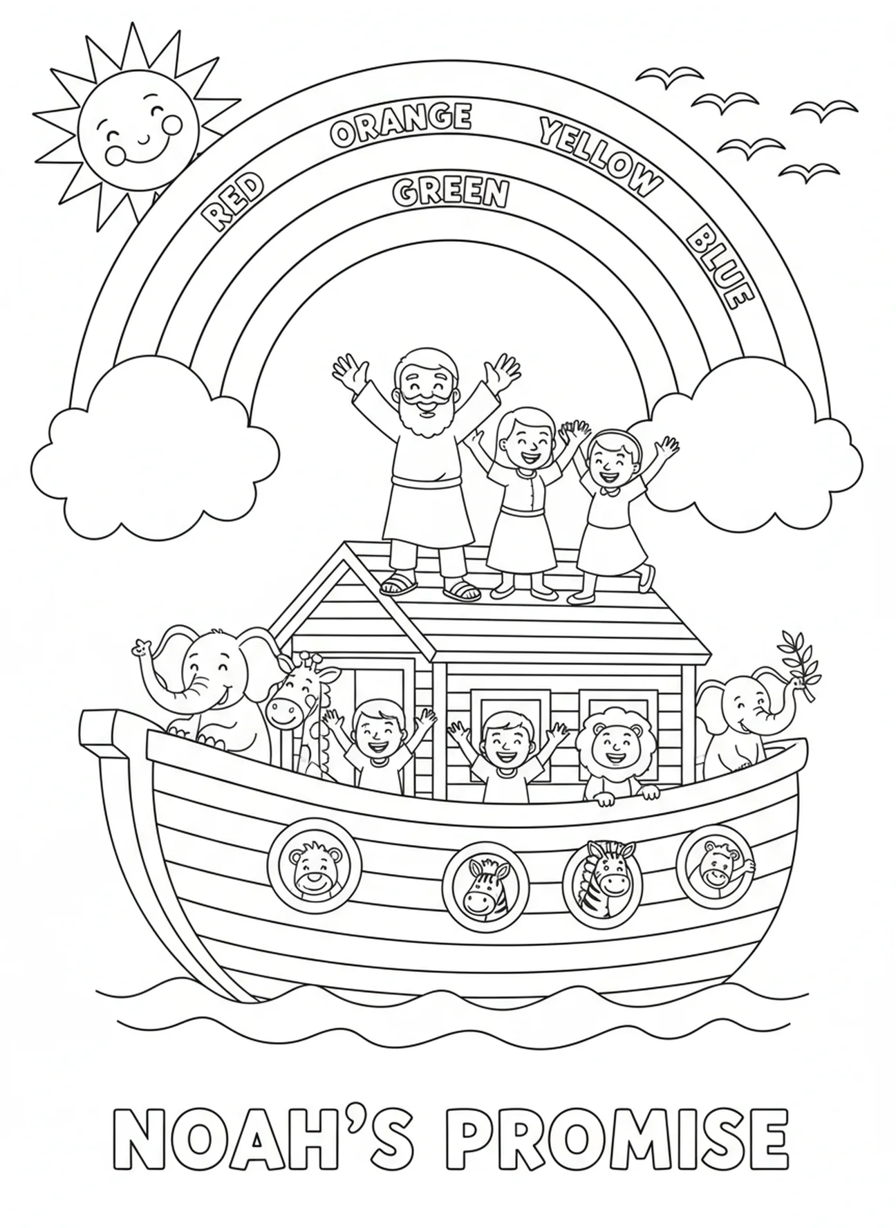 Regenboog verschijnt boven de ark, kleurplaat voor de Adventskalender voor kinderen van 5-10 jaar.