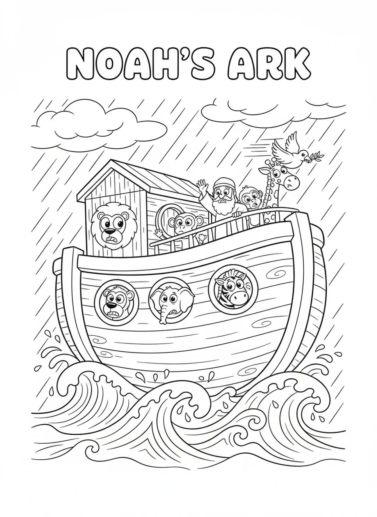 Ark op woelige zeeën, Adventskalender kleurplaat voor kinderen van 5-10 jaar.