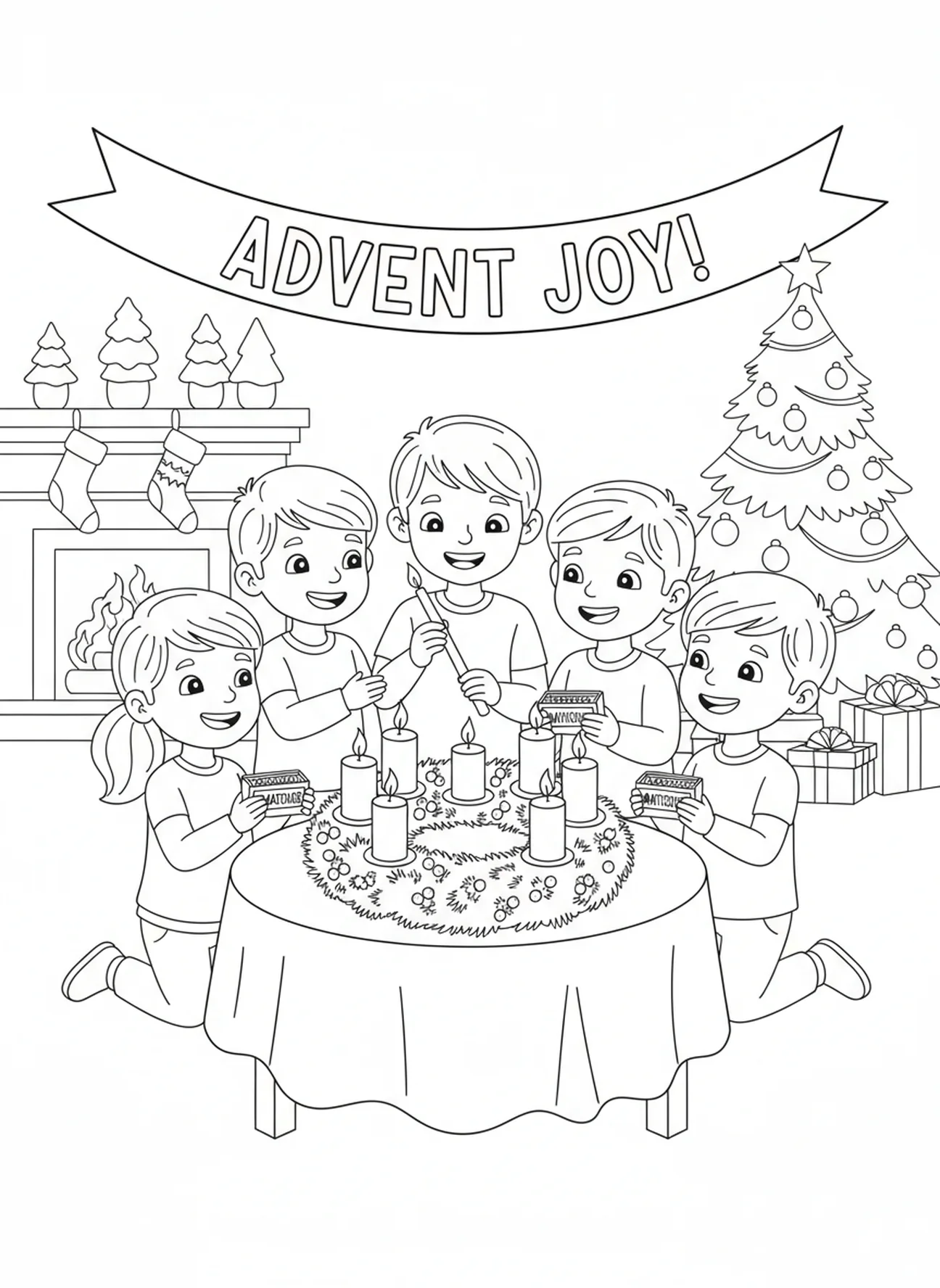 Kinder zünden gemeinsam Kerzen an, Ausmalbild des Adventskranzes für Kinder im Alter von 5-10 Jahren.