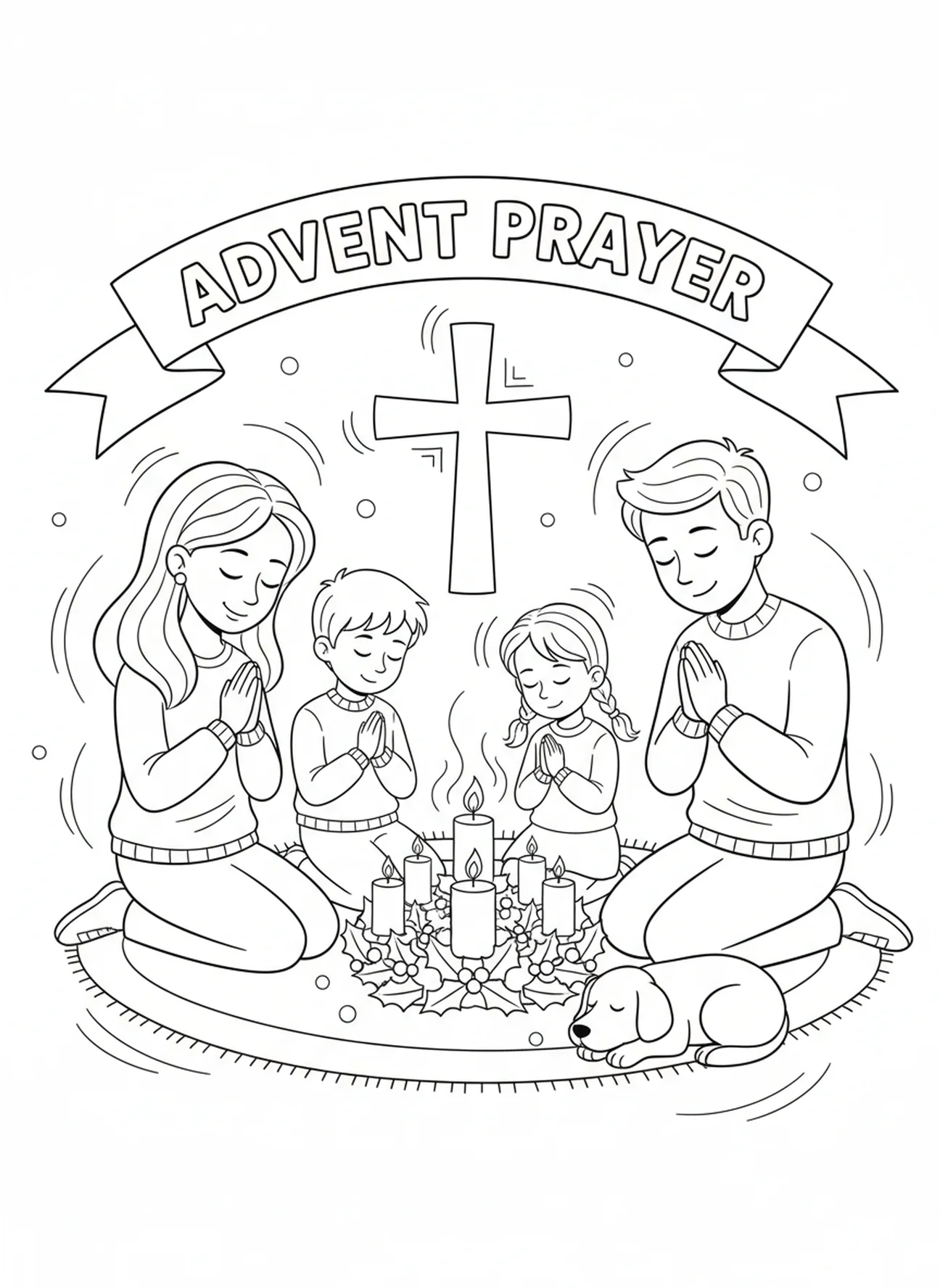 Familie betet gemeinsam, Ausmalbild des Adventskranzes für Kinder im Alter von 5-10 Jahren.