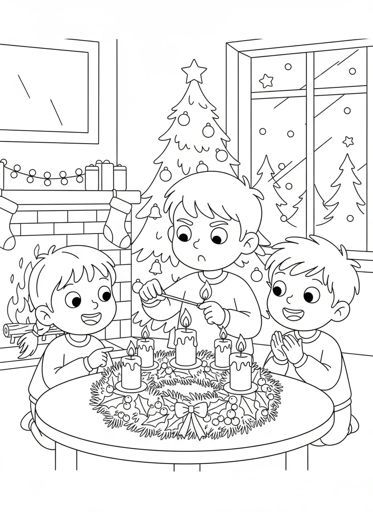 Kind zündet Kerze an, Ausmalbild des Adventskranzes für Kinder im Alter von 5-10 Jahren.