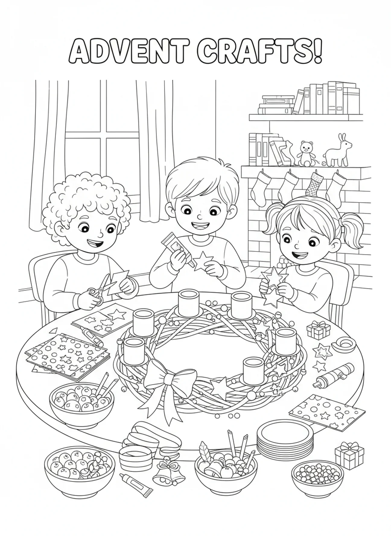 Kinder basteln Dekorationen, Ausmalbild für den Adventskranz für Kinder im Alter von 5-10 Jahren.