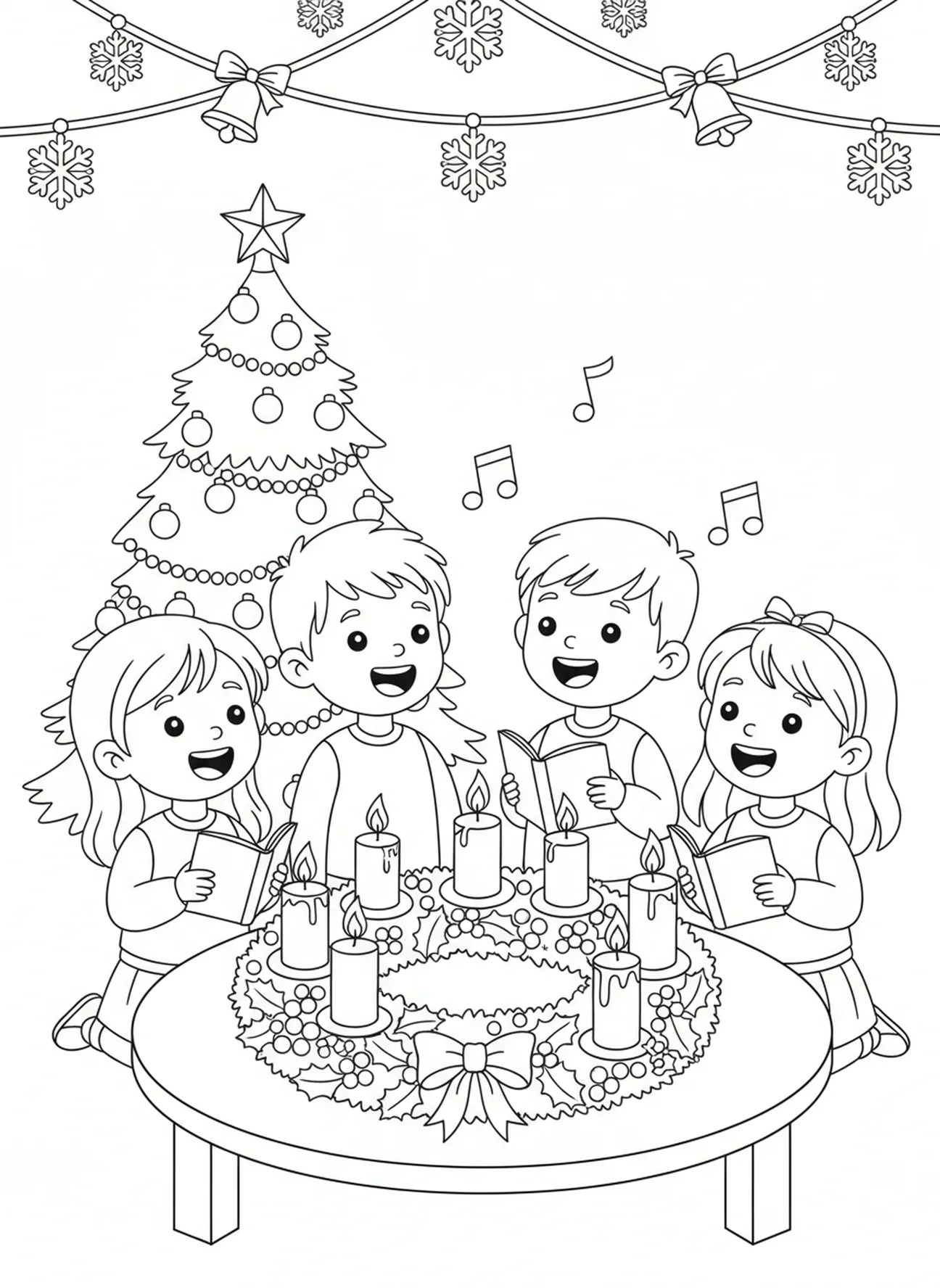 Kinder singen Weihnachtslieder, Ausmalbild des Adventskranzes für Kinder im Alter von 5-10 Jahren.