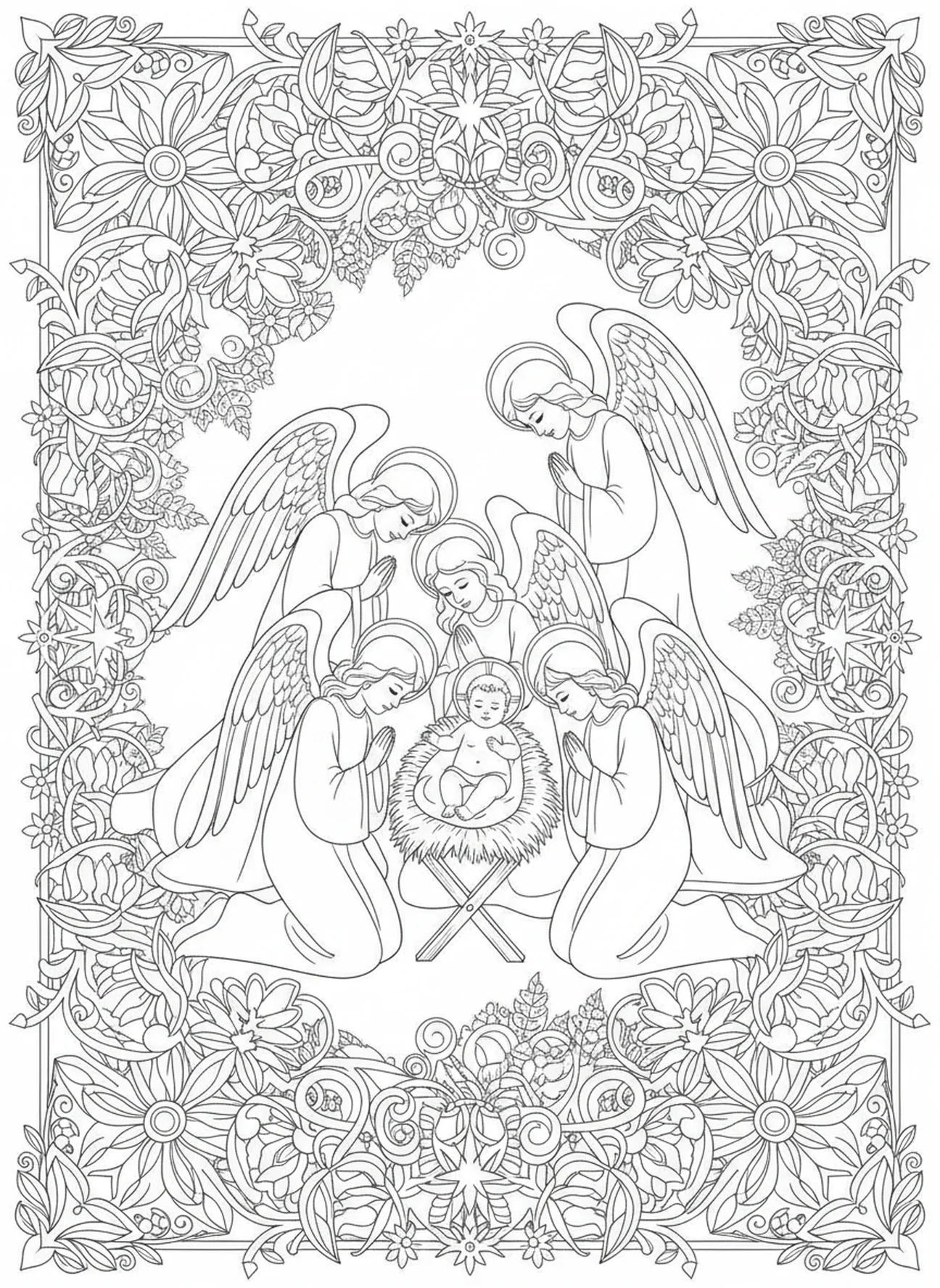 Angels adoring Baby Jesus, Baby Jesus coloring page for adults Bible journaling style.