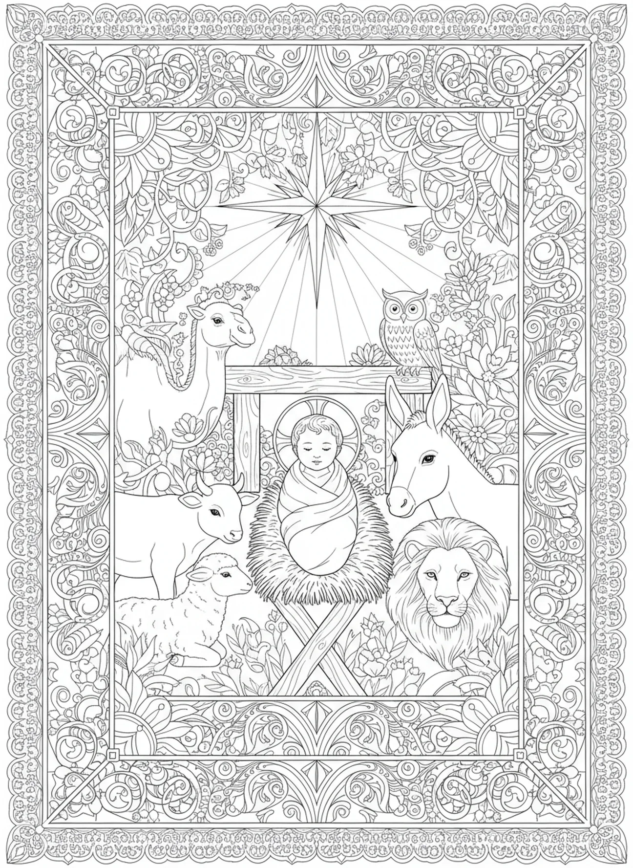 Animals gathering around Baby Jesus, Baby Jesus coloring page for adults Bible journaling style.