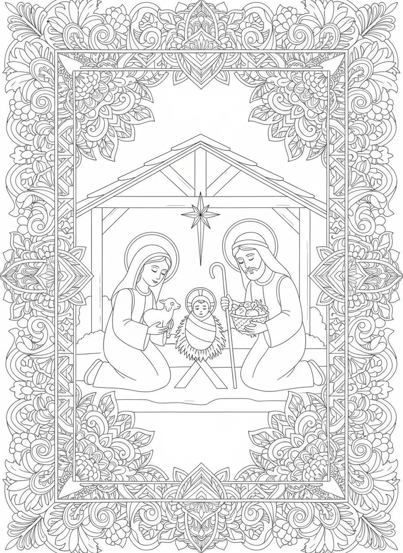 Shepherds approaching Baby Jesus, Baby Jesus coloring page for adults Bible journaling style.