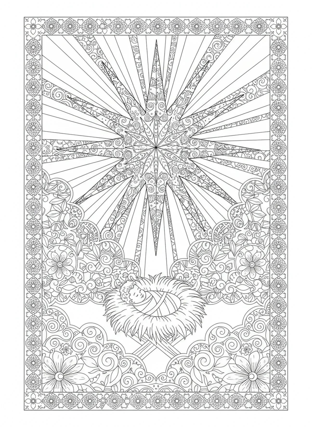 Star guiding Baby Jesus, Baby Jesus coloring page for adults Bible journaling style.
