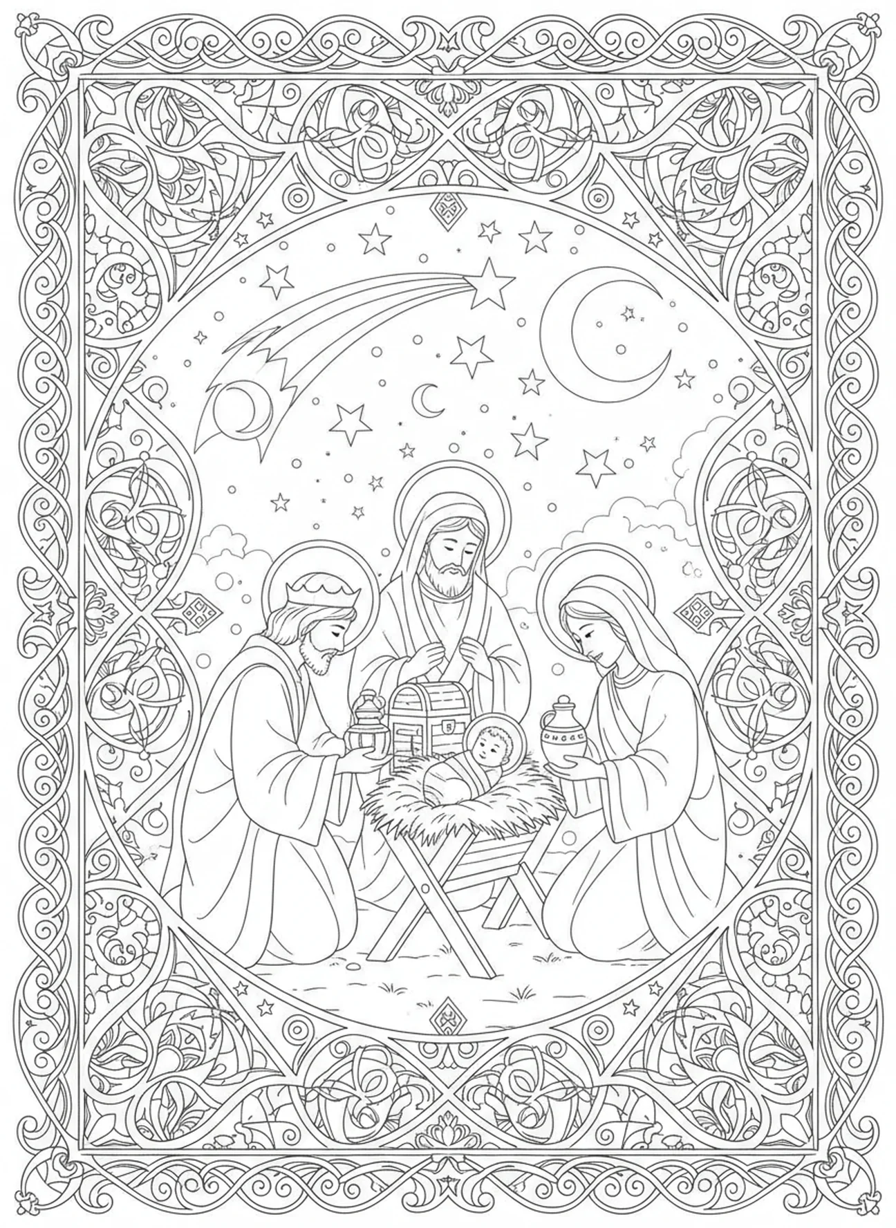 Wise men visiting Baby Jesus, Baby Jesus coloring page for adults Bible journaling style.