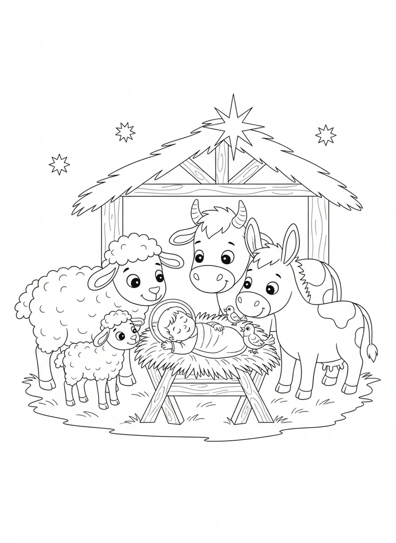 Animais ao redor da manjedoura, página para colorir do Bebê Jesus para crianças de 5 a 10 anos