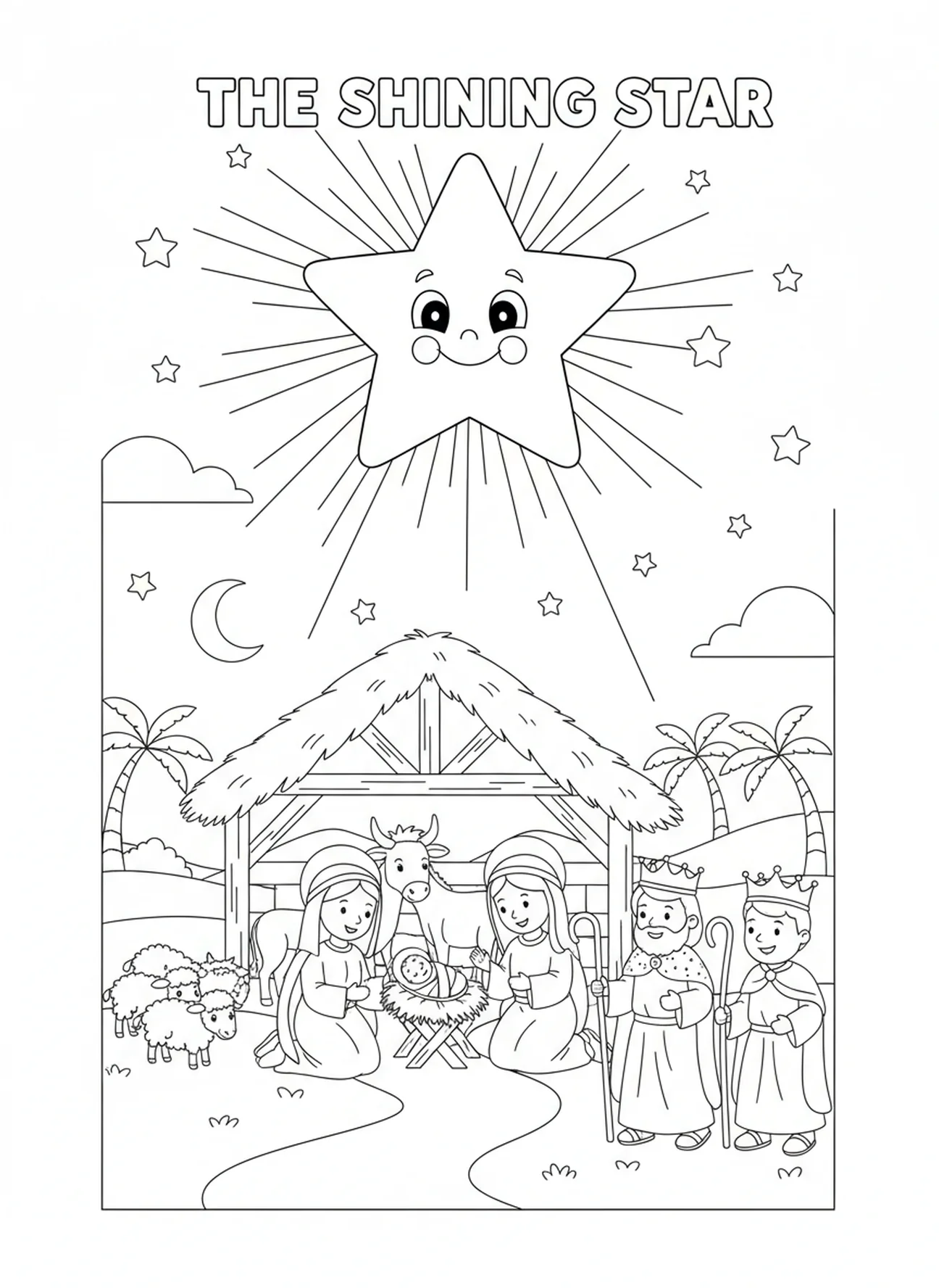 Estrela brilhante guiando, página para colorir do Bebê Jesus para crianças de 5 a 10 anos