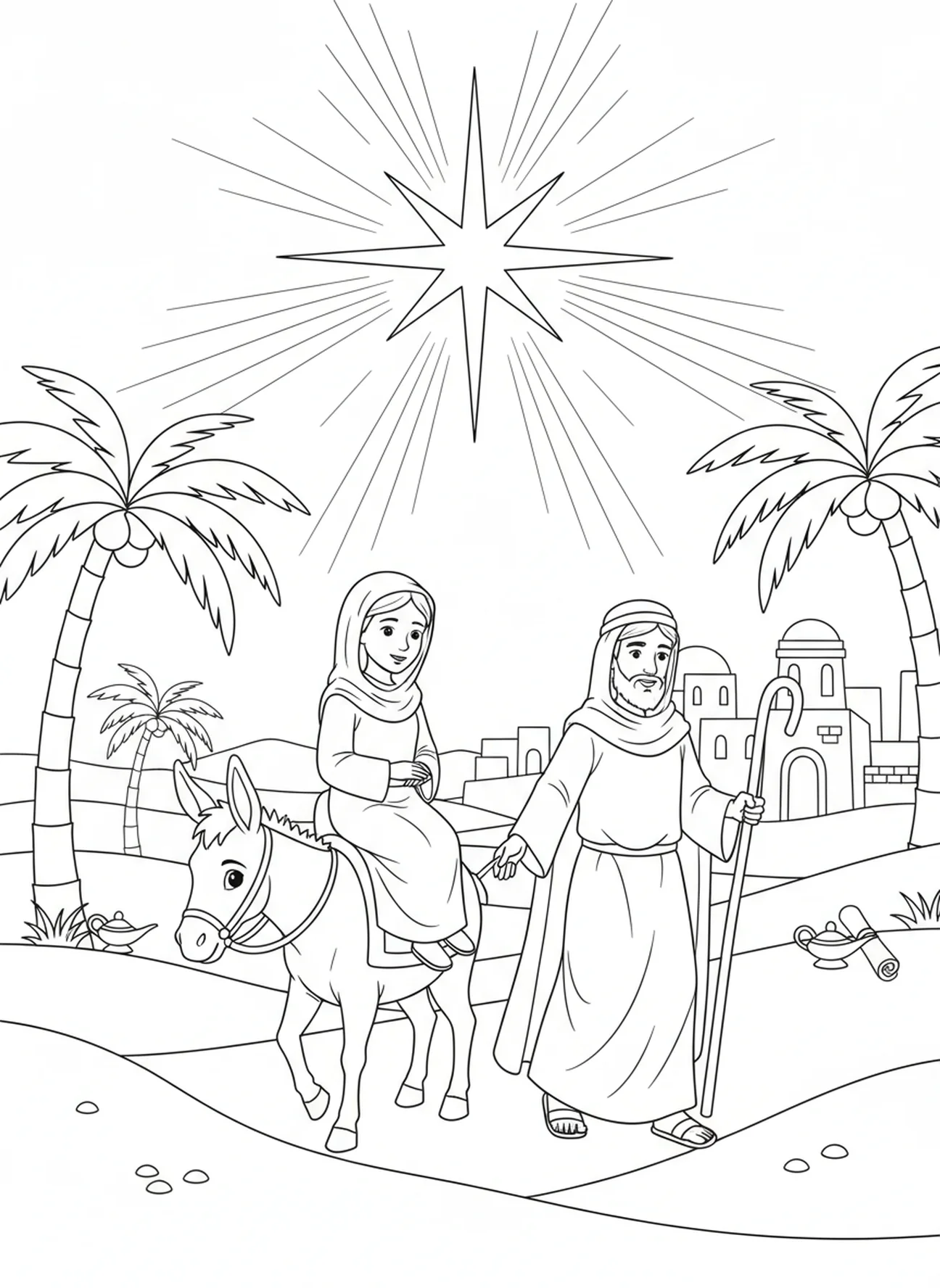 Marie et Joseph sur un âne, page à colorier de Jésus enfant pour les enfants de l'École du dimanche âgés de 5 à 12 ans