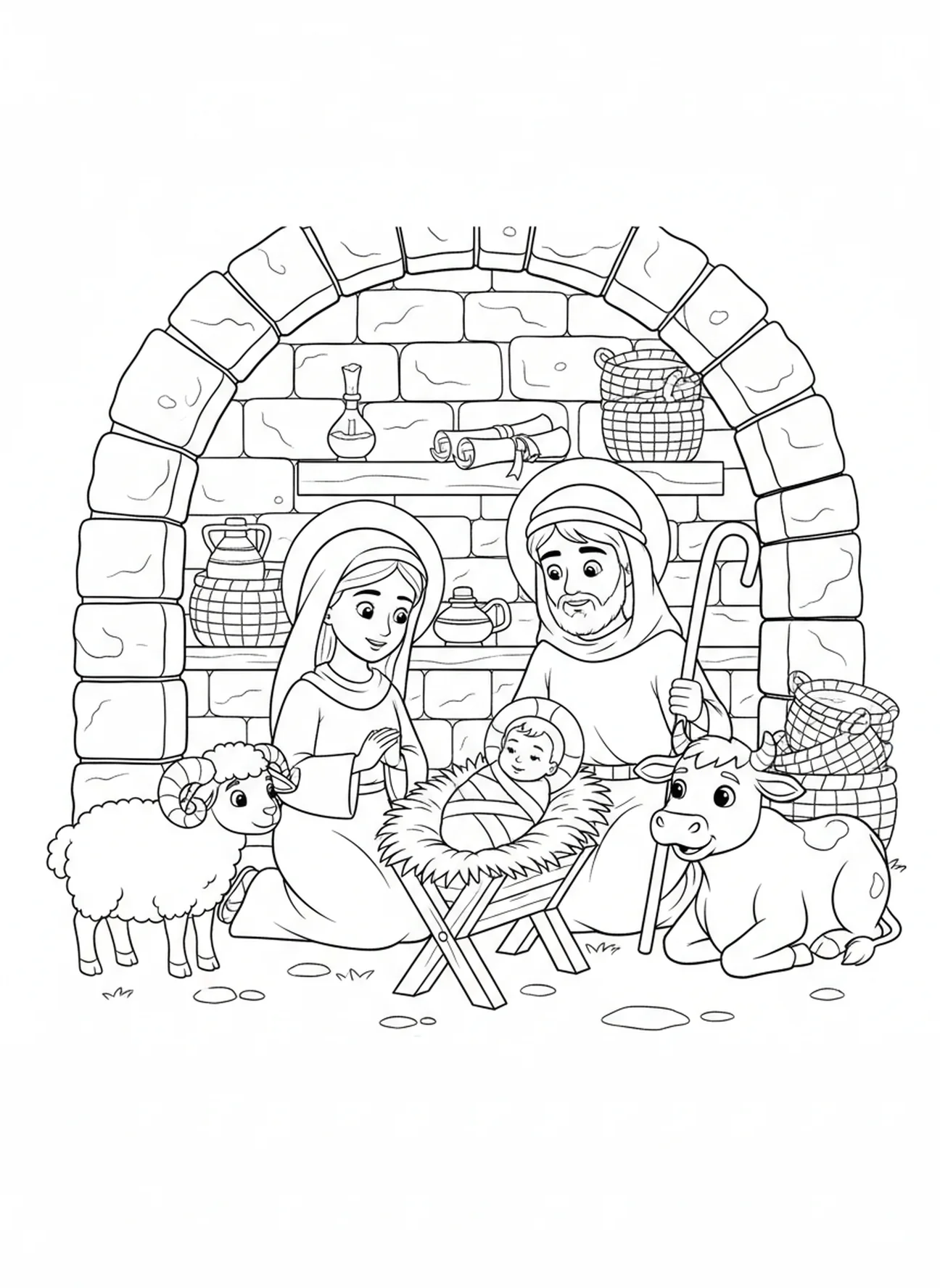 Bébé Jésus dans une crèche, page à colorier de Bébé Jésus pour les enfants de l'École du dimanche âgés de 5 à 12 ans
