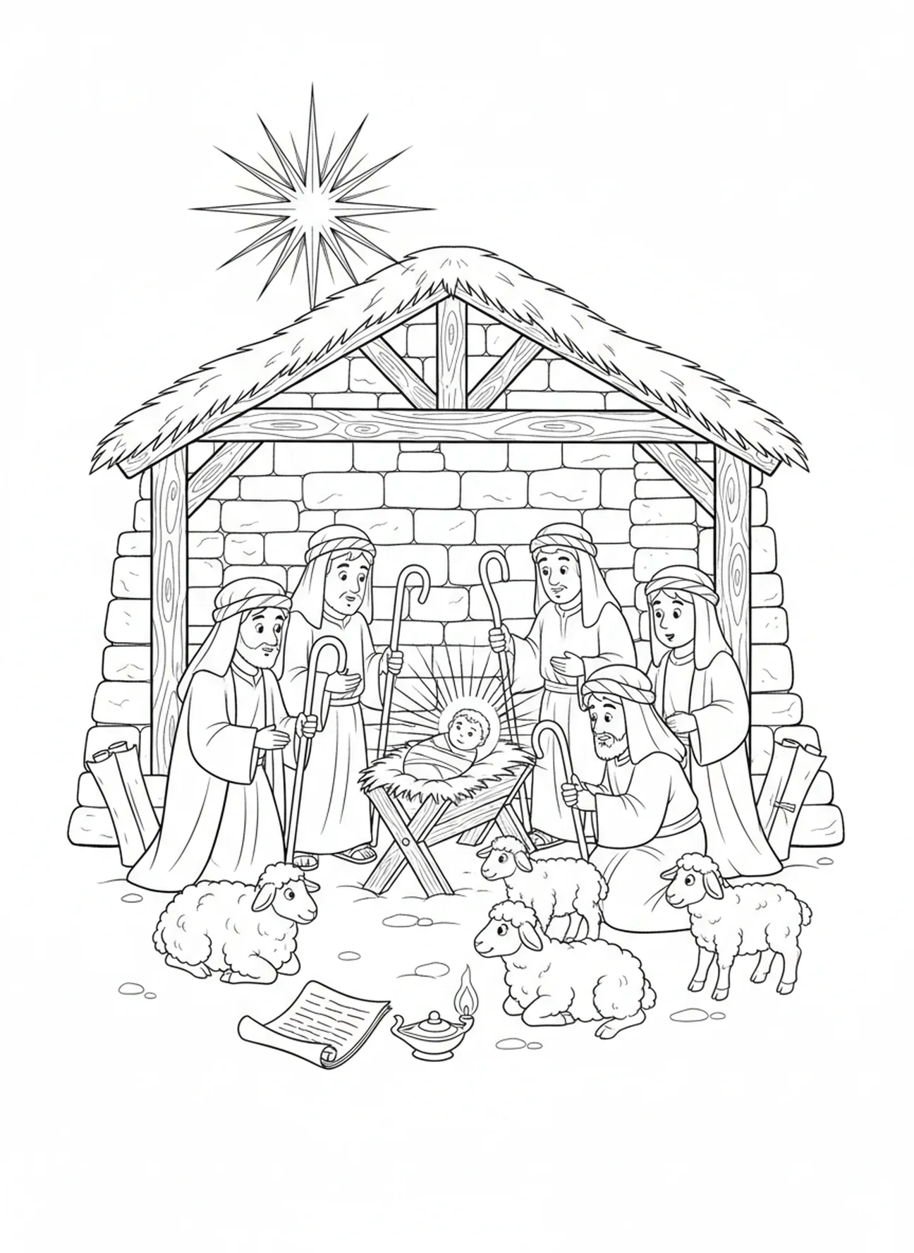Bergers visitant la crèche, page à colorier de l'Enfant Jésus pour les enfants de l'École du dimanche âgés de 5 à 12 ans
