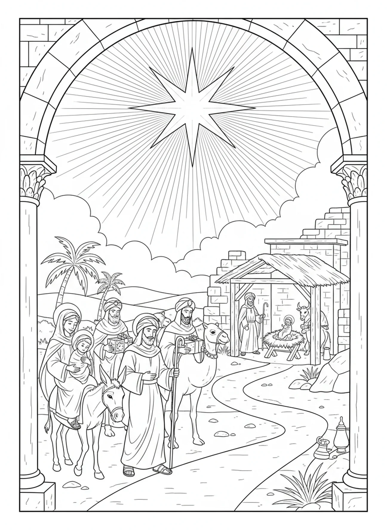Étoile brillante dans le ciel nocturne, page à colorier de l'Enfant Jésus pour les enfants de l'École du dimanche âgés de 5 à 12 ans