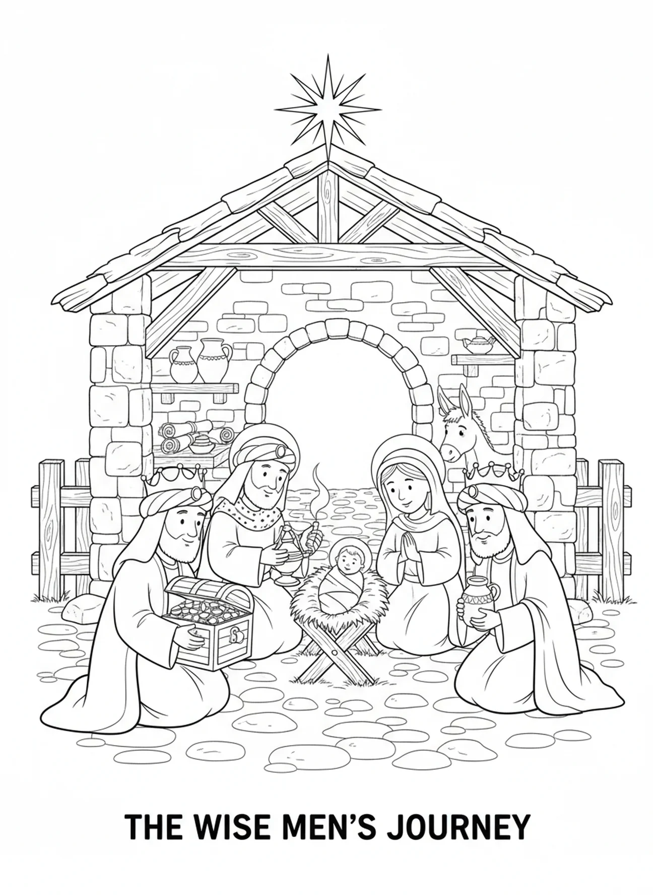 Trois rois mages avec des cadeaux, page à colorier de l'Enfant Jésus pour les enfants de l'École du dimanche âgés de 5 à 12 ans