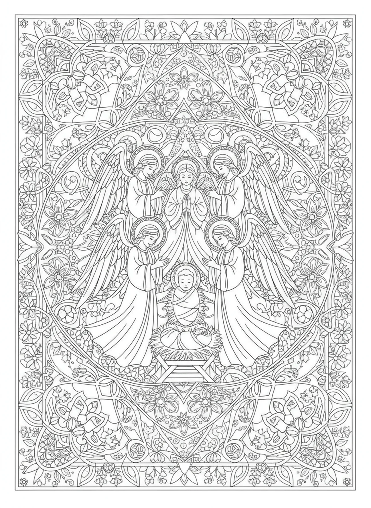 Angels adoring the birth, Christmas Nativity Scene coloring page for adults Bible journaling style.