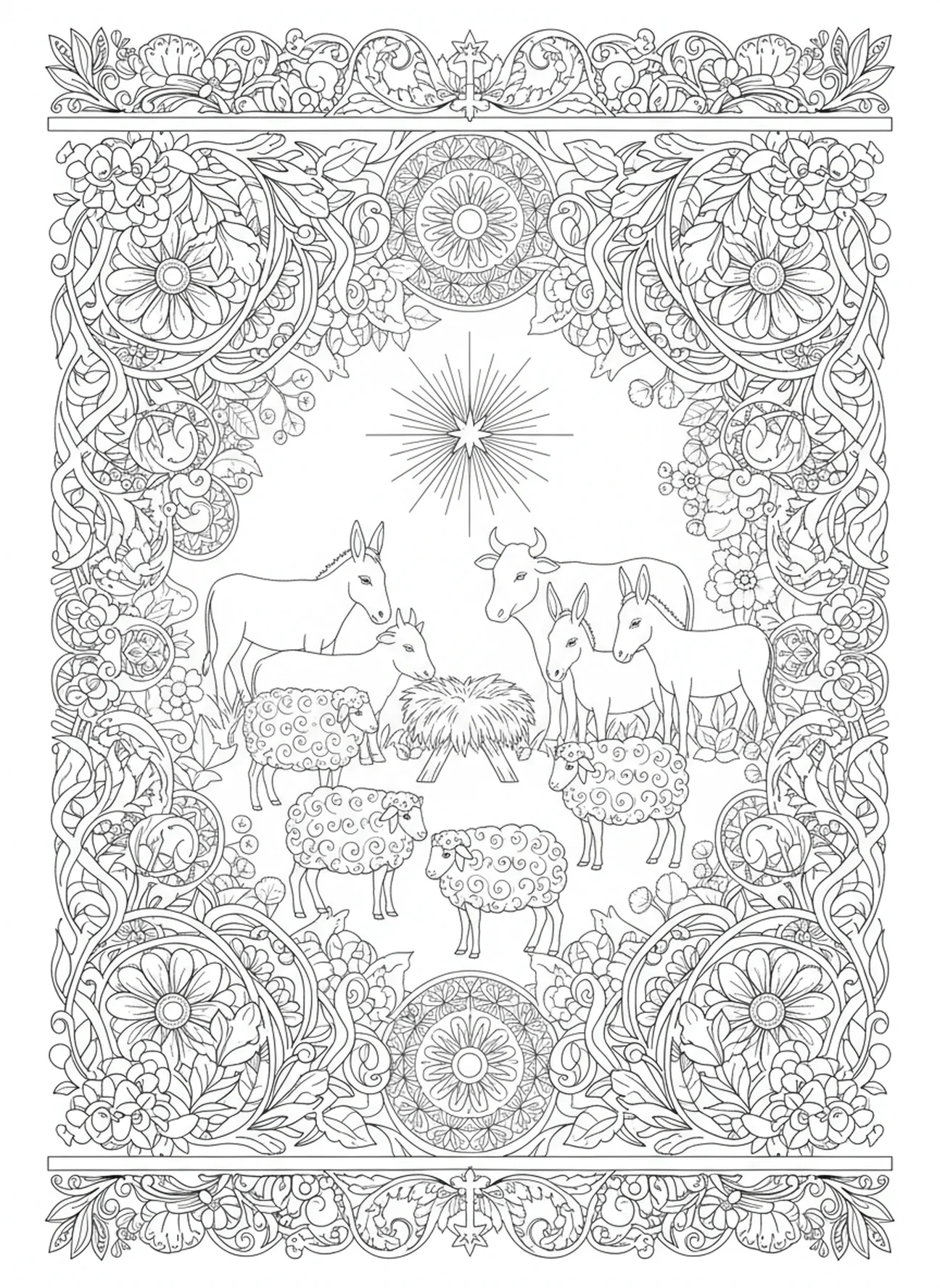Animals gathering around the manger, Christmas Nativity Scene coloring page for adults Bible journaling style.