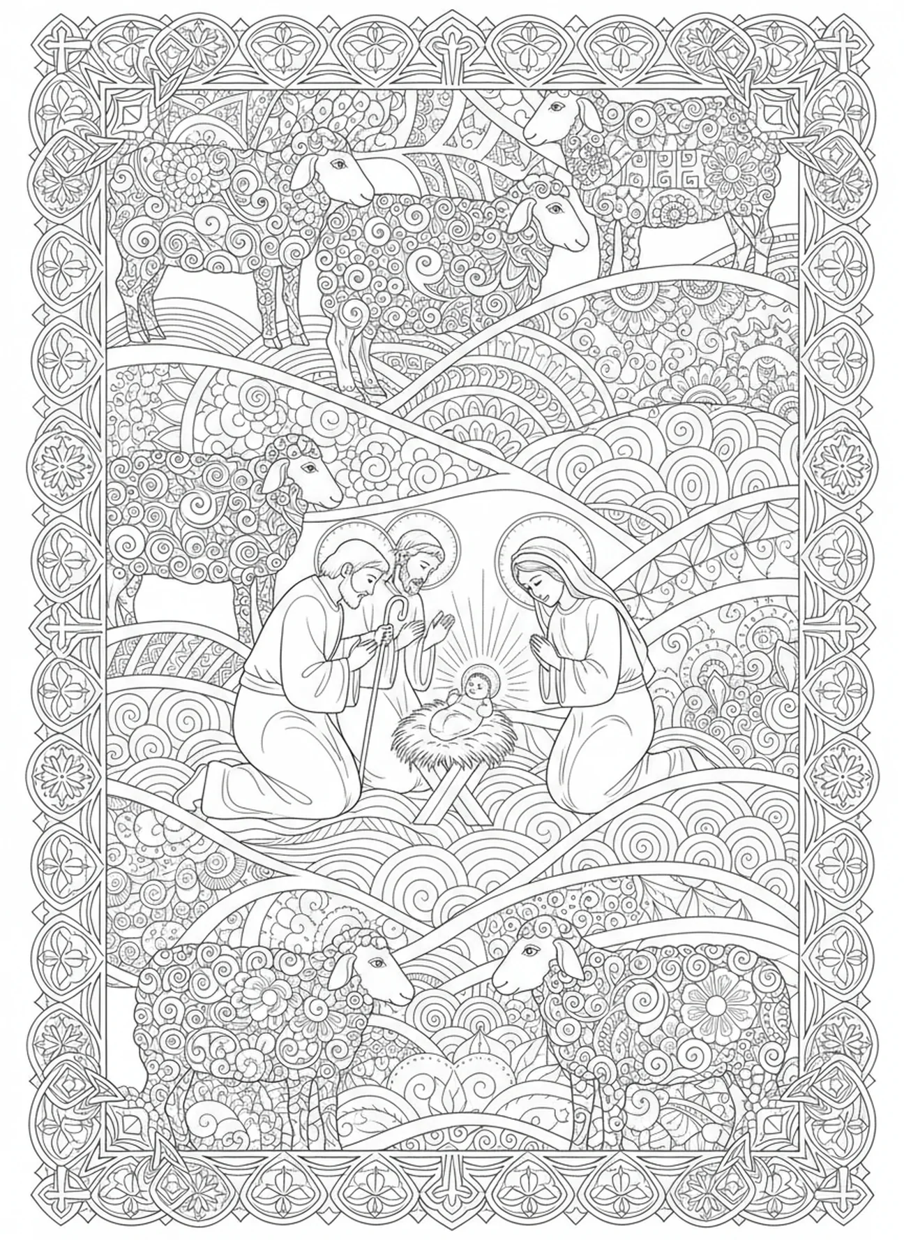 Shepherds visiting the nativity, Christmas Nativity Scene coloring page for adults Bible journaling style.