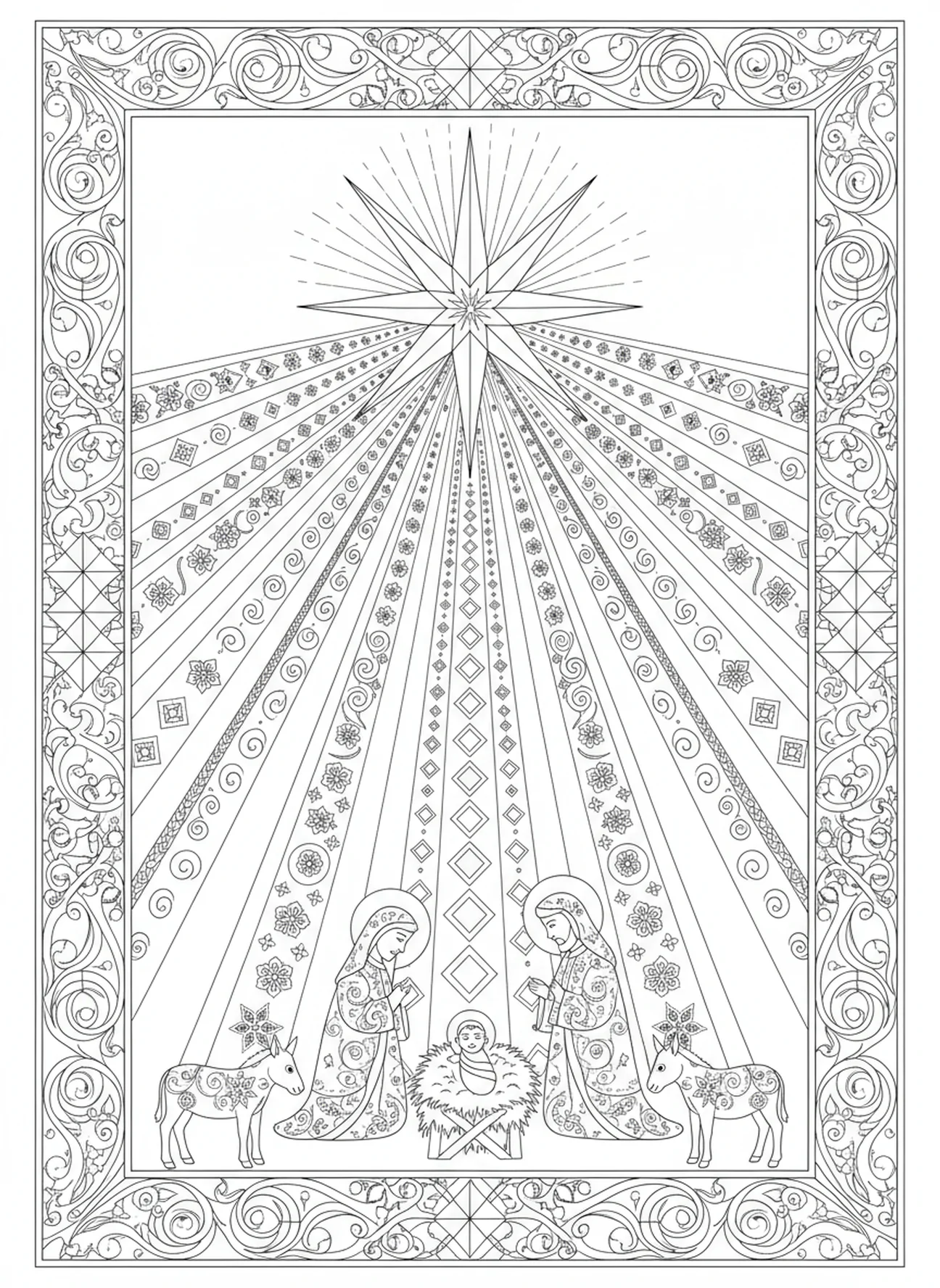 Star above the manger, Christmas Nativity Scene coloring page for adults Bible journaling style.