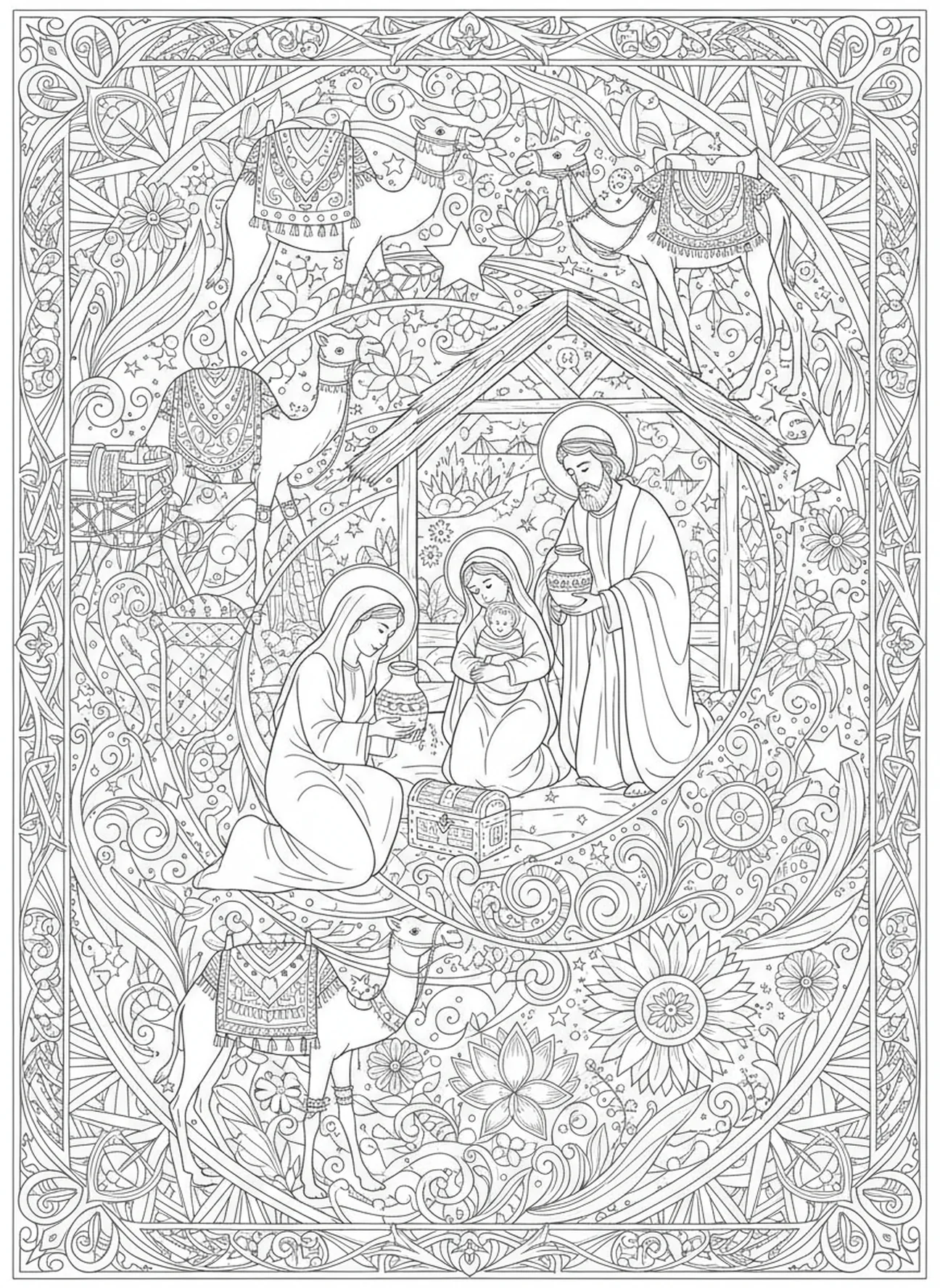 Three wise men bringing gifts, Christmas Nativity Scene coloring page for adults Bible journaling style.