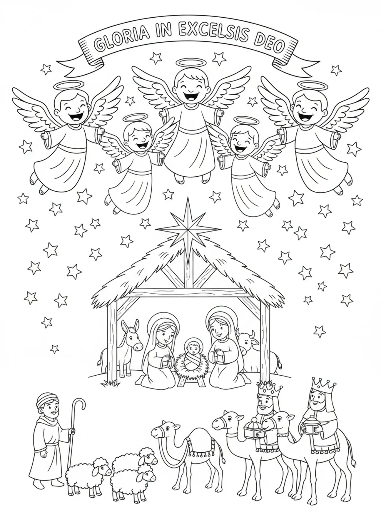 Anjos trazendo alegria, página de colorir do Natal para crianças de 5 a 10 anos