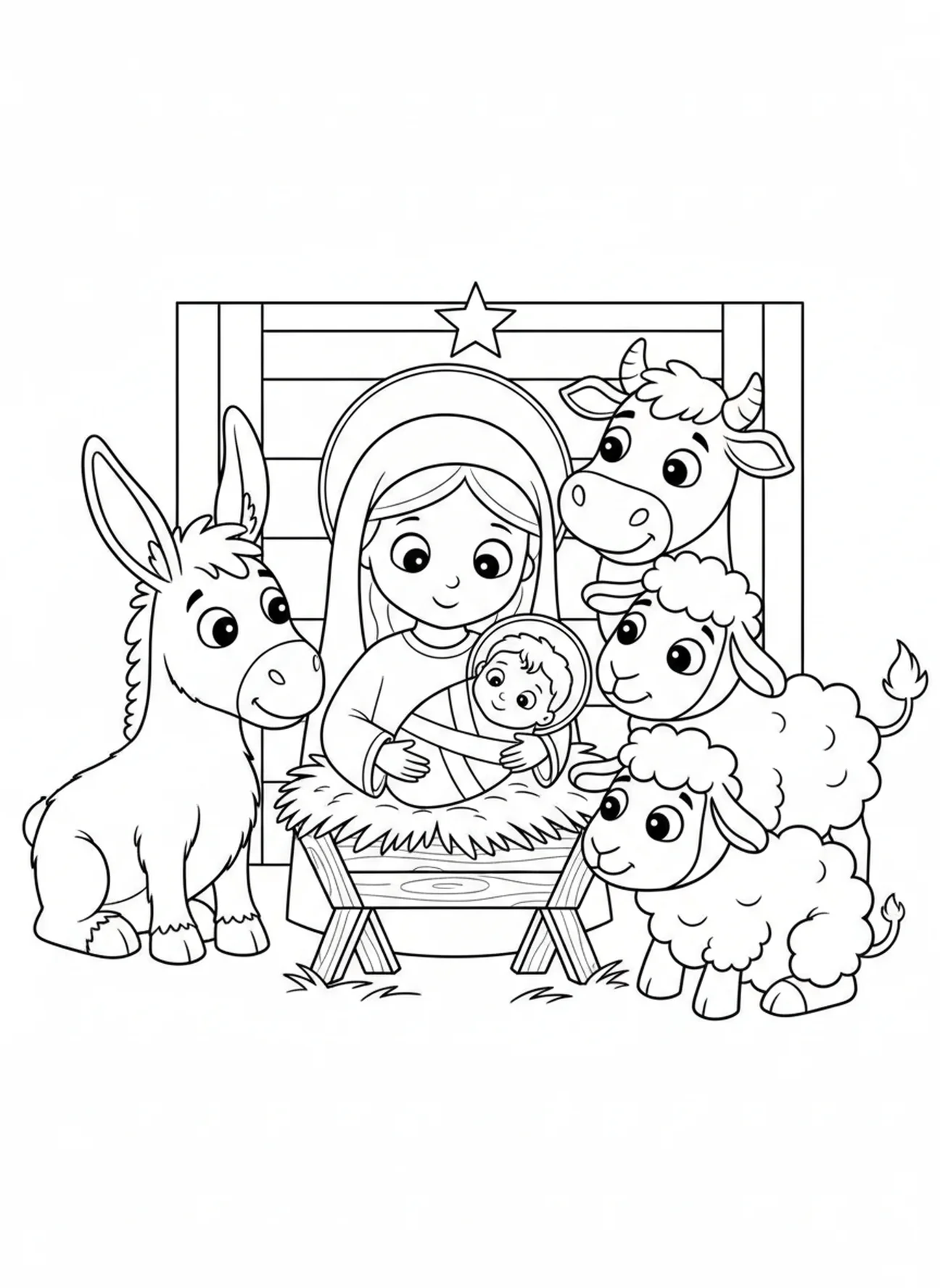Animais ao redor do presépio, página de colorir do Natal para crianças de 5 a 10 anos